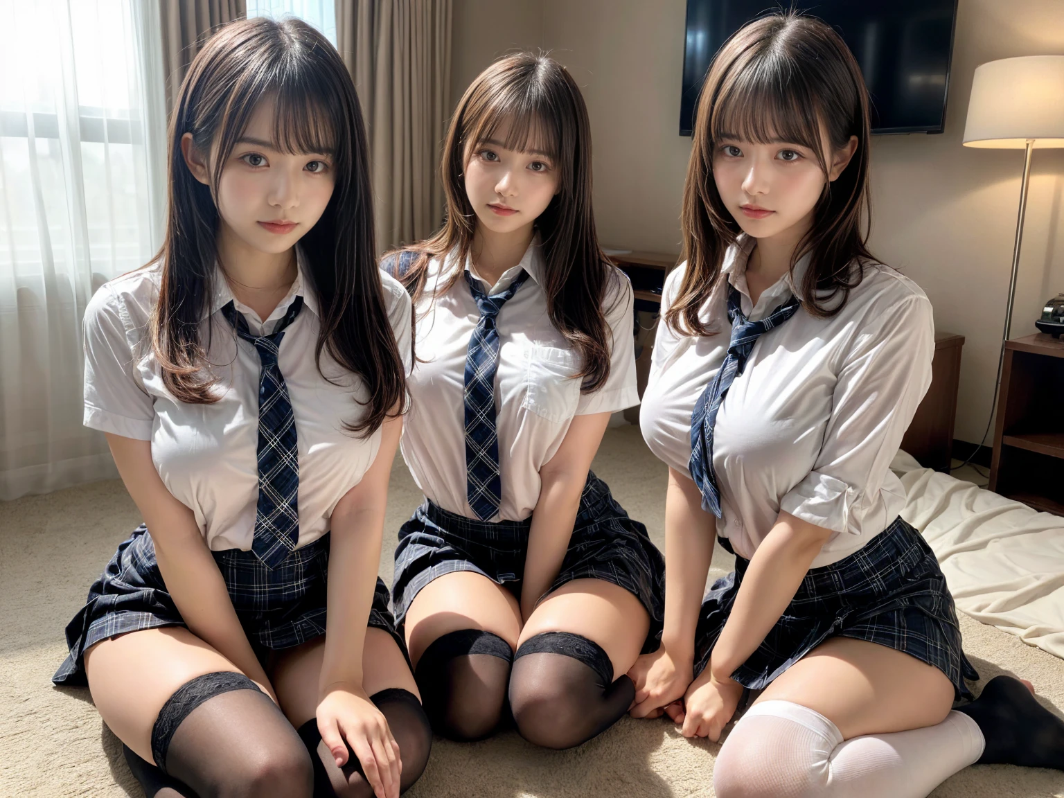 (8K, Raw photography, top-quality, masterpiece:1.2), master piece, best quality, illustration, Super detailed, fine details, High resolution, 8K,wall paper, perfect dynamic composition,(Details High quality, realistic depiction of eyes:1.3), ((2 girls, 2 schoolgirls)), The background is a luxury hotel room、High school girl uniform、blazer 、Super Short Check Uniform Skirt、Navy blue high socks、garterbelts、Colossal tits、Disturbed uniform, Play with each other,Touching each other's bodies,Touching the body of the girl next door, short bob hair, black hair color, huge breasts, Big Natural Color Lip, bold sexy pose, (perfect body shape), crying a little、cold gaze, Beautiful makeup,glitter makeup,Cutest 18 years old, beautiful legs, hposing Gravure Idol, Voluptuous thighs
