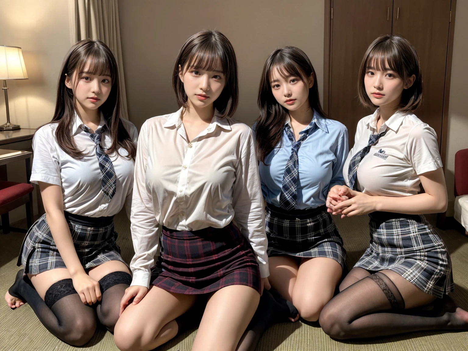 masterpiece, best quality, illustration, Super detailed, fine details, High resolution, 8K,wall paper, perfect dynamic composition,(Details High quality, realistic depiction of eyes:1.3), (3 girls), (collared shirt:1.1), pleated skirt, knee high socks, sitting, open legs, short bob hair, in a hotel room in the background, deep on field, large breasts, black hair color, Big Natural Color Lip, (perfect body shape), crying a little、Harajuku style、20 year old girl、cute type、beautiful legs, Gravure Idol