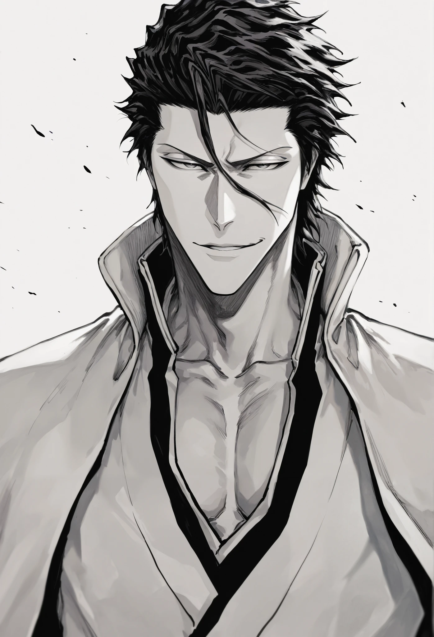 masterpiece, absurdres, newest, best quality, amazing quality, very aesthetic, 1boy, aizen sousuke, vslinxaizen_arrancar, handsome, detailed eyes, adult, (adult, 30 years old), chiseled jaw, toned body, masculine, black shirt, fully clothed, angular face, handsome detailed face, aesthetic, best quality, stunning, perfect body, looking at viewer, (stoic) \(expression\), angular face, upper body, in the bar, portrait, male focus, (masterpiece, detailed), 96yottea, usnr, (masterpiece), (best quality), (ultra-detailed), 1boy, solo, bleach, light particle, particle, shadow, black detailed pupils, simple background, monochrome, greyscale, traditional media, sketch, detailed lines, sketch, manga style , pencil sketch style, soft shading, soft delicate features, half body,