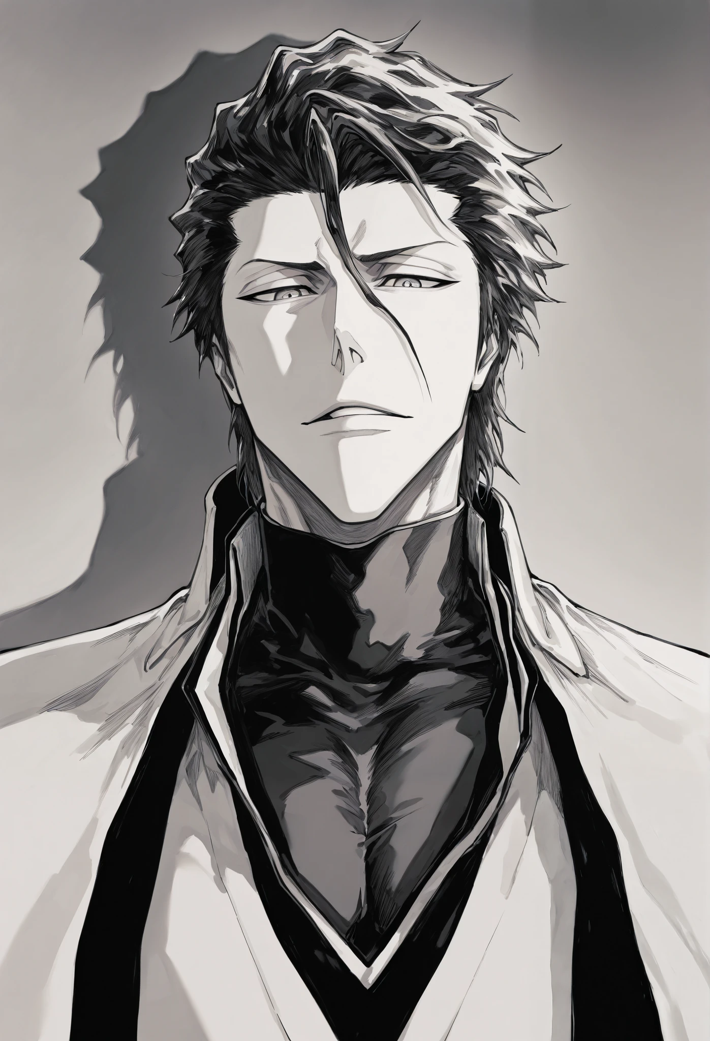 masterpiece, absurdres, newest, best quality, amazing quality, very aesthetic, 1boy, aizen sousuke, vslinxaizen_arrancar, handsome, detailed eyes, adult, (adult, 30 years old), chiseled jaw, toned body, masculine, black shirt, fully clothed, angular face,  handsome detailed face, aesthetic, best quality, stunning, perfect body, looking at viewer, (stoic) \(expression\), angular face,  upper body, in the bar, portrait, male focus, (masterpiece, detailed), 96yottea, usnr, (masterpiece), (best quality), (ultra-detailed), 1boy, solo,  bleach, light particle, particle, shadow, black detailed pupils, simple background, monochrome, greyscale, traditional media, sketch, detailed lines, sketch, manga style , pencil sketch style, soft shading, soft delicate features, half body, 