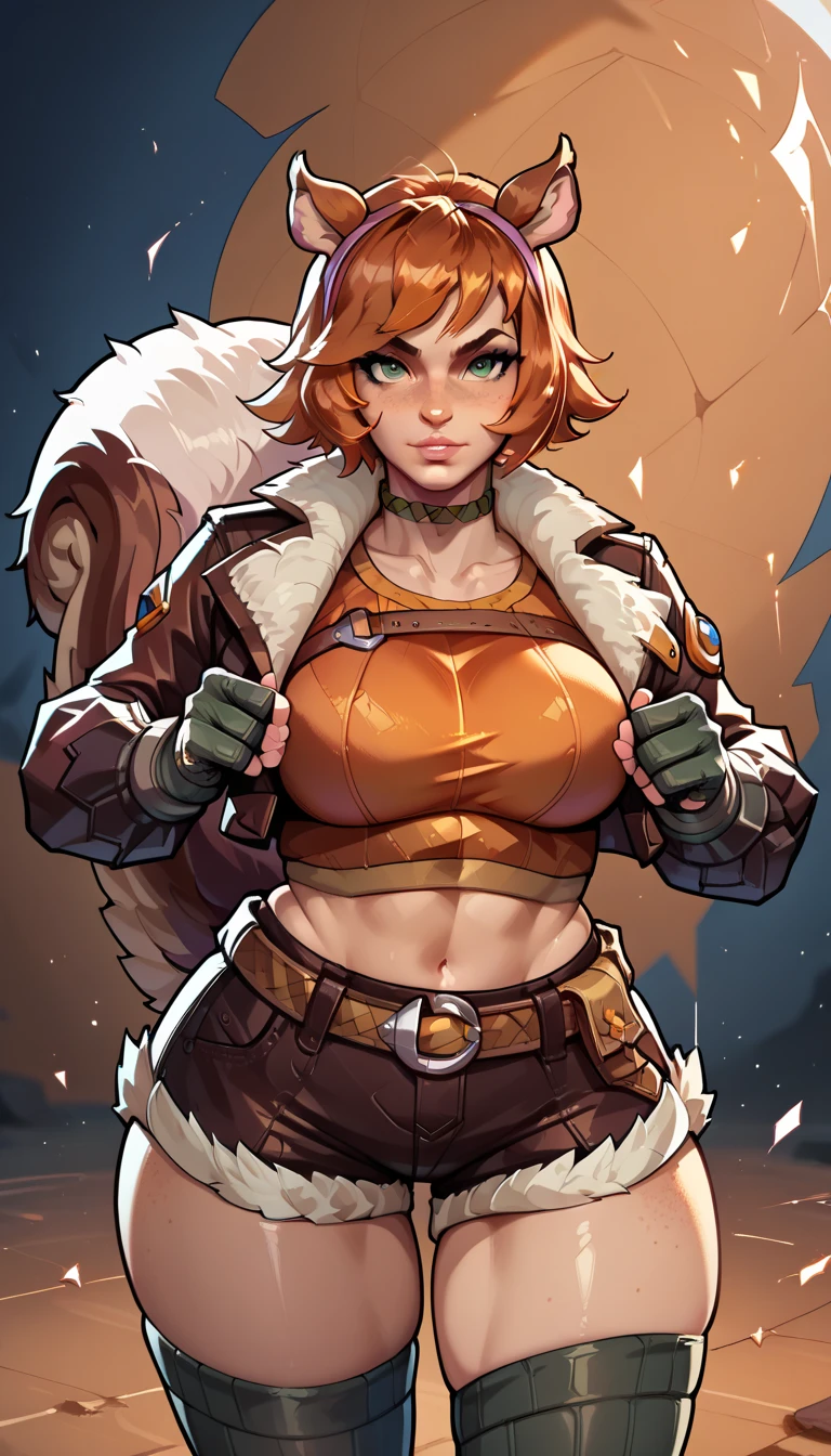 ((score_9, score_8_up, score_7_up, score_6_up, score_5_up, score_4_up)), BREAK, ((source_Western_Comics)), BREAK, ((Masterpiece, Best Quality, Highly Detailed, 3/4 shot, Detailed Background)), BREAK, ((Large Breasts, Wide Hips, Big Ass)), BREAK, ((Sexy Pose, Action Pose, Dynamic Pose)), BREAK, ((1girl)), squirrel girl, squirrel ears, large squirrel tail, short hair, red hair, ((freckles:1)), green eyes, cropped jacket, fur trim, finger-less gloves, midriff, shorts, thigh-highs,
