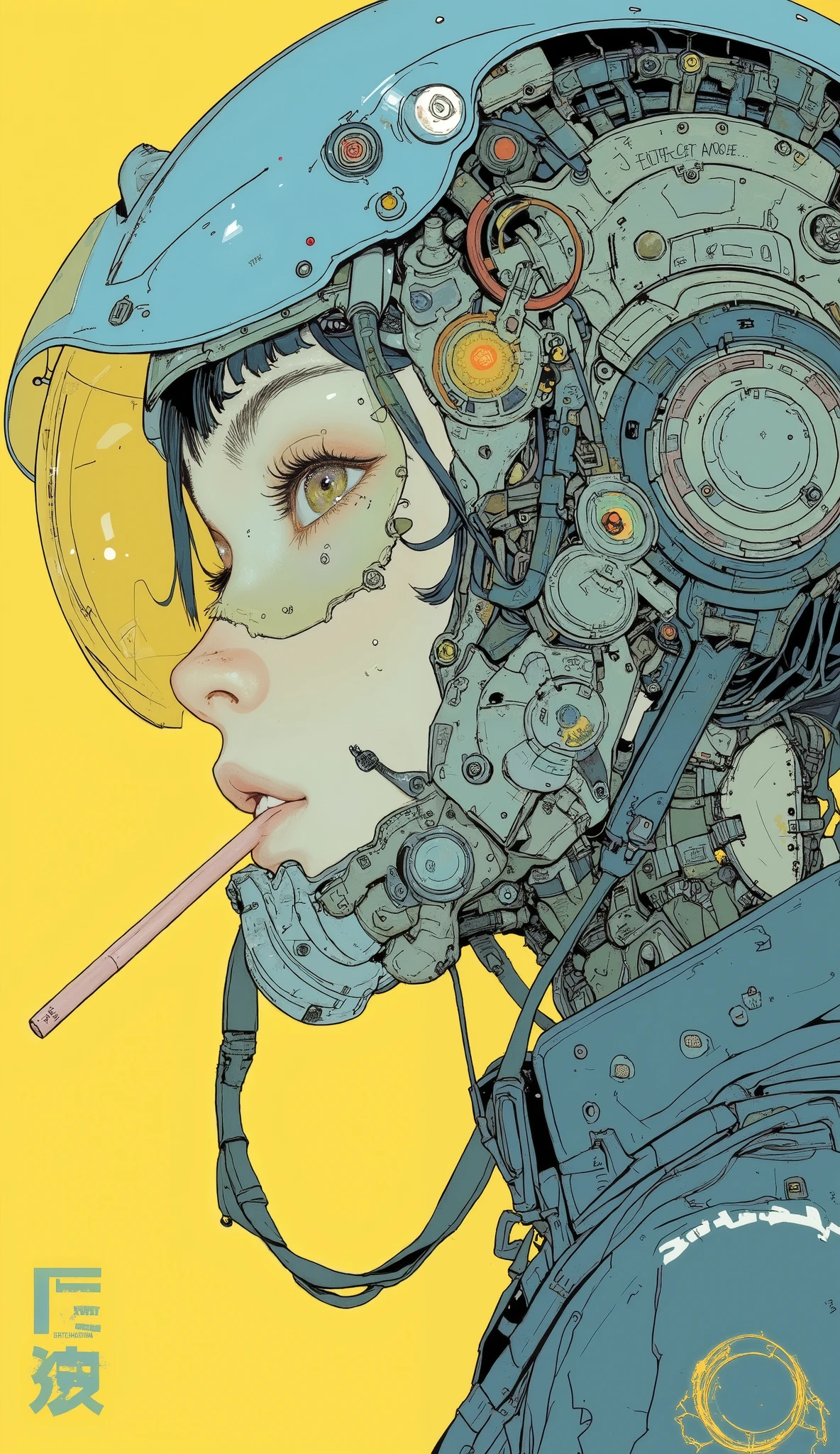 Close up of a person wearing a helmet with a straw in their mouth, Sato Junpei , Pixiv, graffiti , Shintaro Kago, wearing a helmet, FLCL cover, city girl fan art , Wear a helmet, anime style illustration, Helmet instead of head, profile short hair, FLCL, digital manga art