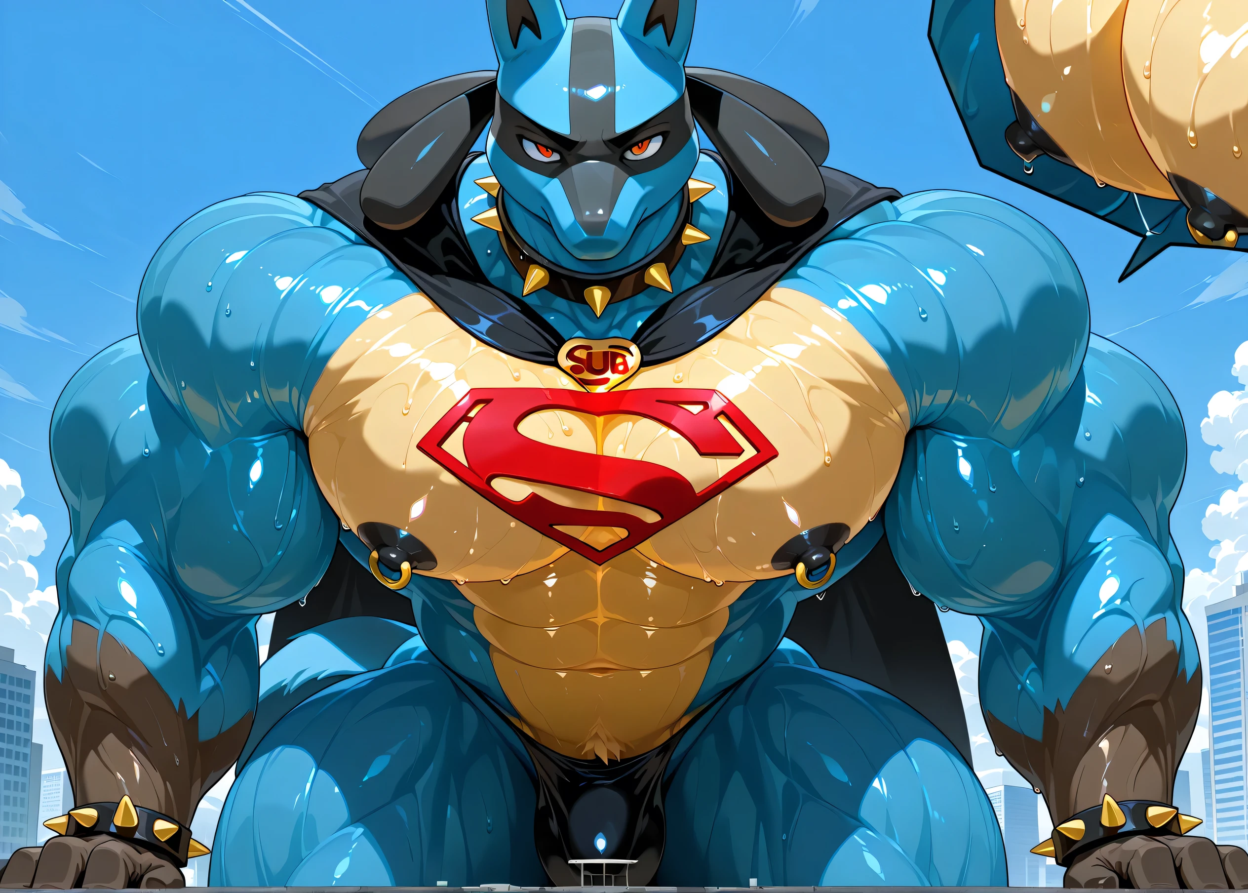 kemono, by null-ghost, by zixiong, solo, male, tail, Lucario, anthro, black nipples, big nipples, gold nipple rings, sweaty, handsome, broad shoulders, black thong, broad chest, huge muscular, posing, thick neck, thick arms, grabbing pectorals, bedroom eyes, looking at viewer, massive bulge in thong, relieved moaning, flexing, macro, buildings, wearing gold chains around neck, wearing a spiked collar on his neck, wearing superman outfit, superman symbol on center of chest, black cape, detailed background, sweaty, high view, low view, close shot of chest and face, body fills frame, BREAK score_9_up,score_8_up,score_7_up,score_6_up,score_5_up,score_4_up