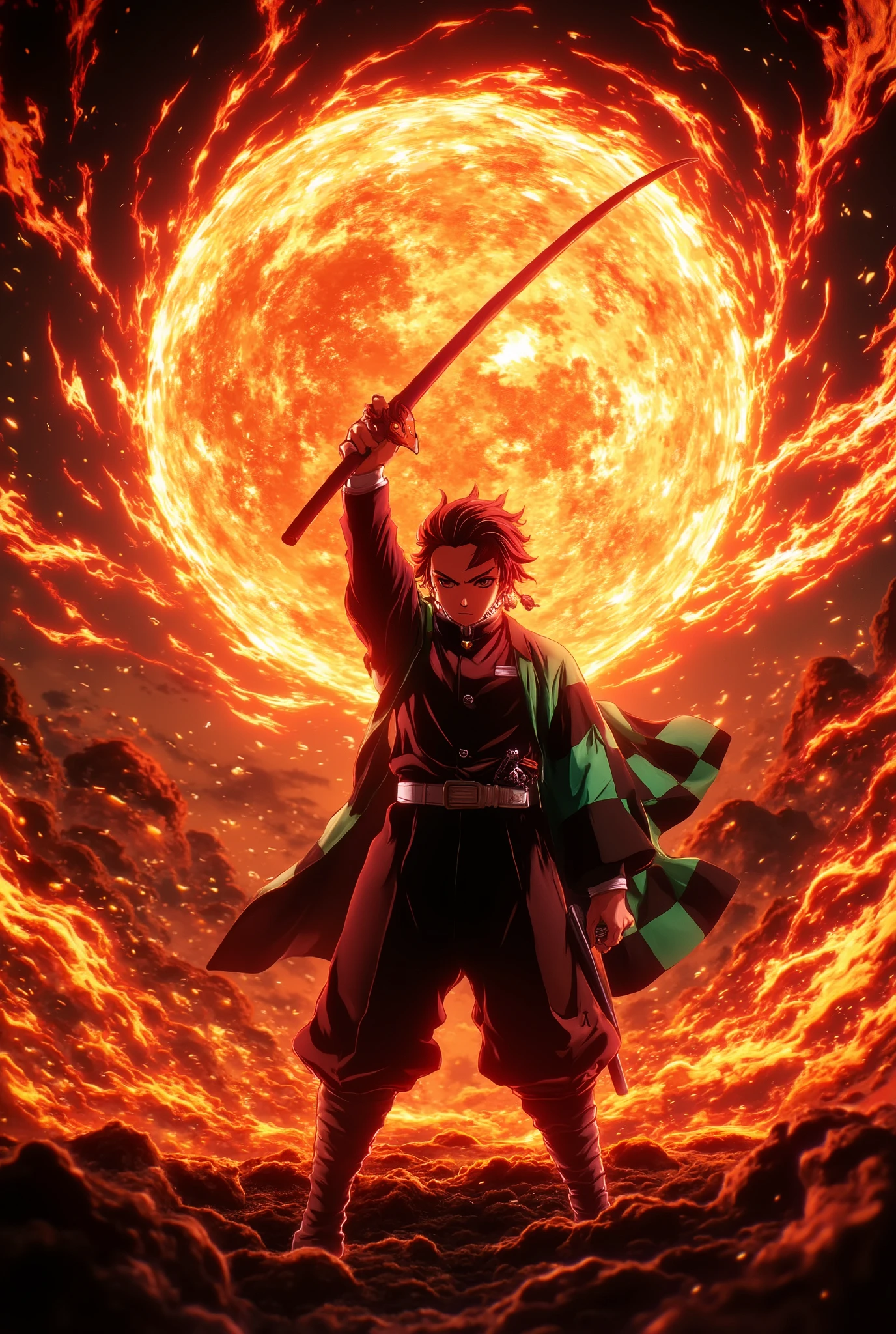 

"Kamado Tanjiro stands with his sword raised high above his head, gripping it with both hands. It is a deep, dark night, yet above him and his blade shines a massive, radiant sun, pulsating with energy. Streams of power burst from the sun, scattering fiery waves around him, illuminating the battlefield in an awe-inspiring glow. His expression is fierce and determined, his stance unshakable as if he is channeling the essence of a warrior's final stand. The scene is ultra-dramatic, with cinematic lighting, high contrast, and a dynamic composition that emphasizes the sheer intensity of the moment. The background is dark, allowing the sun’s blinding energy to dominate the scene, creating an ethereal, almost godlike atmosphere."

Additional settings (if available):

Style: Anime, Cinematic, Hyper-detailed

Lighting: High contrast, dramatic, glowing energy effects

Color balance: Deep dark tones with blinding golden and red light from the sun

Camera angle: Low-angle shot for an epic, larger-than-life effect

Depth of field: Moderate (sharp focus on Tanjiro and the energy, slightly blurred background)
