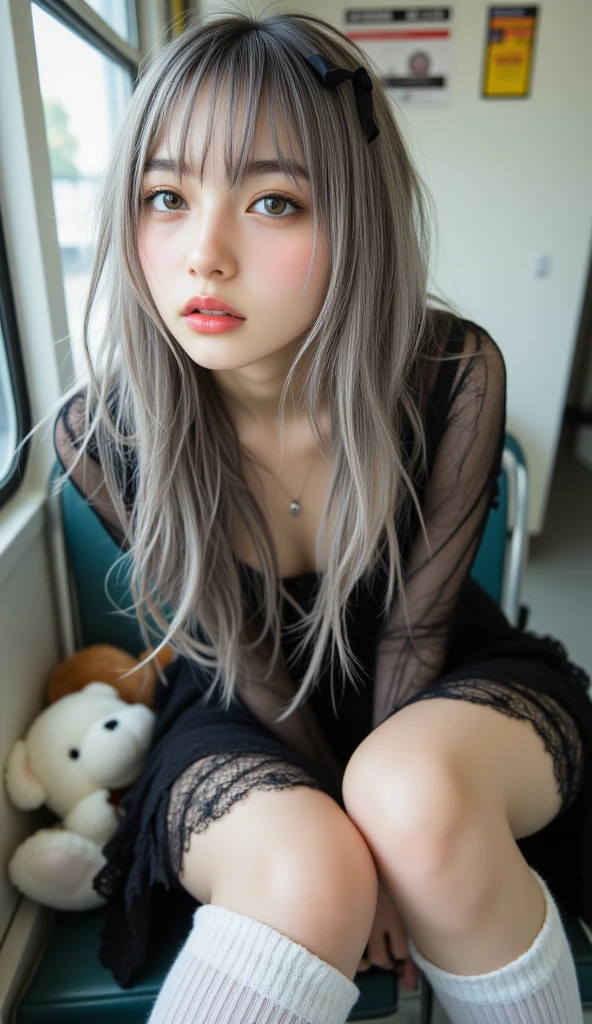 (Girl sitting on bed with legs apart:1.5、I can see her panties)、(Realistic、Like a photograph、Live Action、8k, Realistic, RAW Photos, Best image quality: 1.4), Single-lens reflex camera、RAW Photos, Highest quality, Realistic, Very detailed CG Unity 8k wallpaper, Written boundary depth, Cinematic Light, Lens flare, Ray Tracing, Realistic background、(Wearing a Gothic Lolita outfit:1.5、Detailed lace panties)、((Ultra-dense skin))、((whole body:1.5),Frowning、short hair:1.2、Silver Hair、I like that style、stylish、Very detailed、Pay attention to the details、Perfect outfit、(White skin)、(Accurate body、Anatomically correct body、Detailed feet、Accurate fingering)、Super detailed face、View from the front