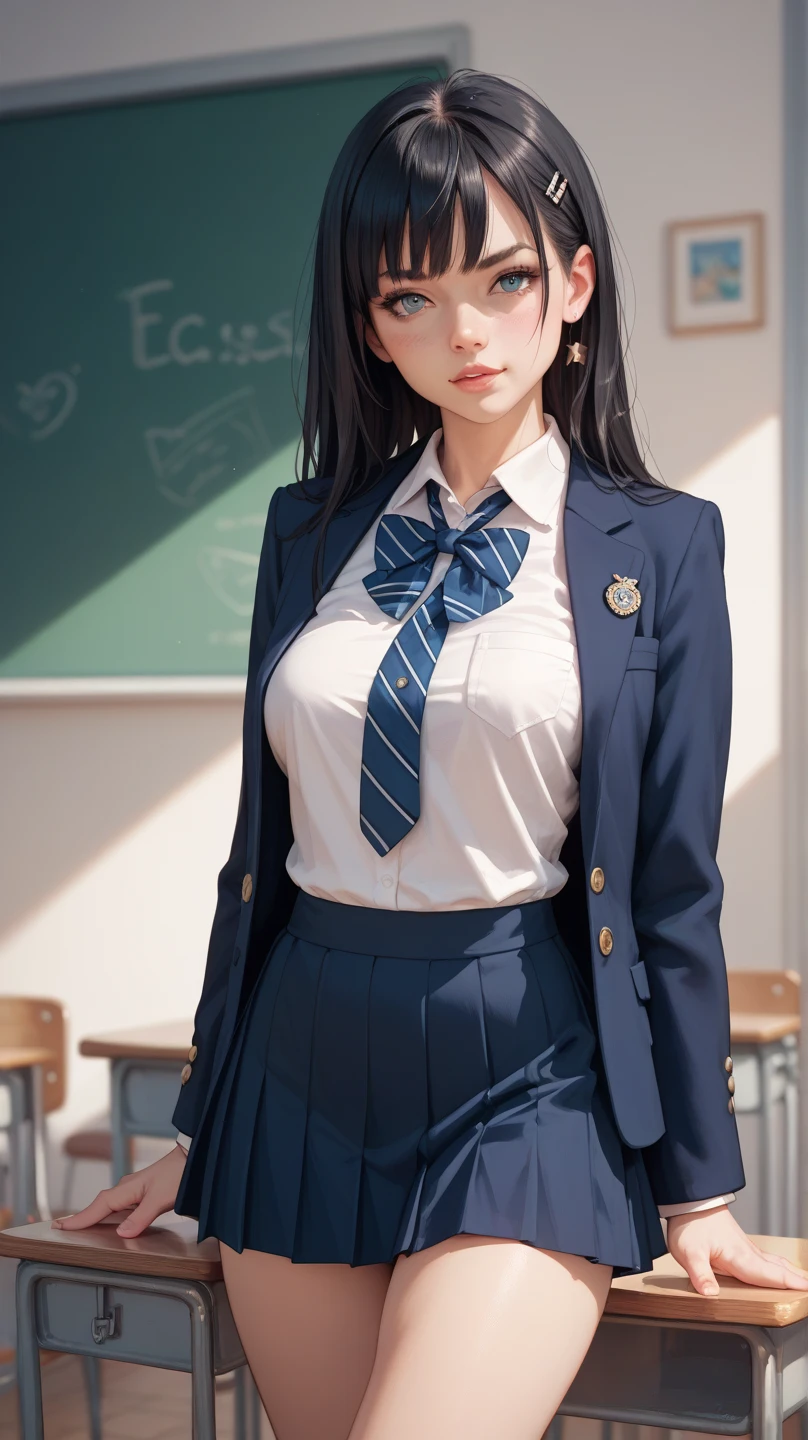 8k, Highest quality, The true picture, Intricate details, Very detailed, Ultra-high resolution, Depth Field,(Realistic,Realistic:1.2), From the side, One of the Japan, Very beautiful person, Big eyes, Beautiful breasts:1.5、Very detailedな目:1.2), (Beautiful breasts:1.1), (Small breasts), Wavy Hair、Curly Hair、bangs, Perfect Skin, Fair skin, (Big Hips:1.3), (Thick thighs:1.3), (Thick legs:1.3), Tight waist, Slightly reddish, alone, Looking at the audience, (smile:1.1), ((School_uniform),(Dark Blue Blazer), (White shirt、Wear a tie), (Grey pleated skirt), (Sculptural installation :1.1), break, (During class:1.2), In a high school classroom, Please sit down