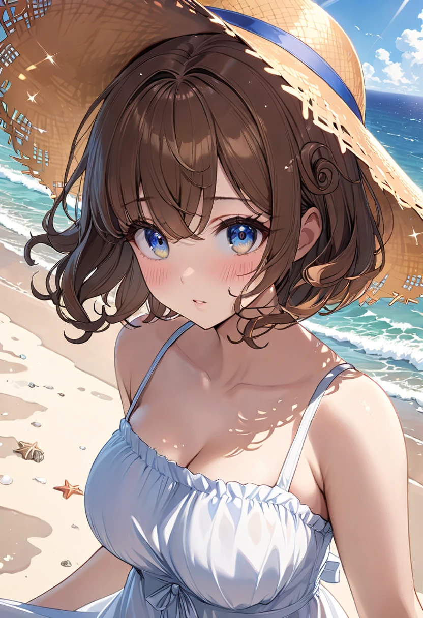 Extremely beautiful woman wearing a floral summer dress and a straw hat at the beach, perfect face, perfect eyes, perfect light, glamorous, gorgeous, delicate, romantic, Harrison Fisher