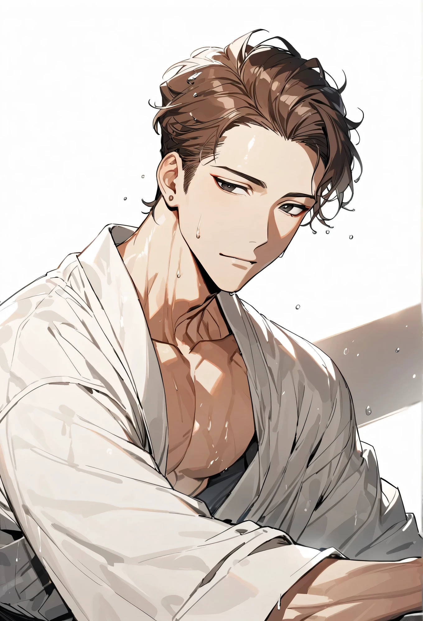 best quality, high resolution, (((clean background:1.5, white background:1.5))), Extremely detailed eyes and face, Portrait of a man, Stand quietly, ((((male)))), solo, (((mature male:1.5))), ((((medium length hair:1.5)))), (((bobcut hairstyle:1.5))), ((sharp eyes:1.5, naughty expression, Smiling showing four fangs)), ((not wearing clothes:1.50)), (((nude:1.50))), (((no breasts))), upper body,