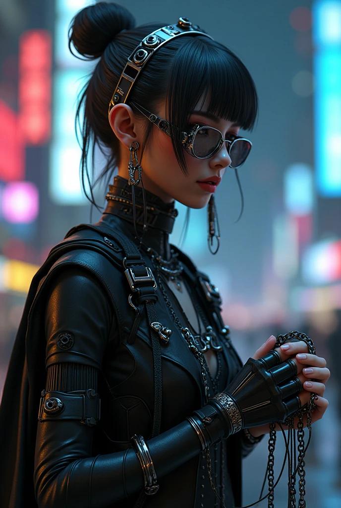 Colorful beautiful cyborg woman wearing sunglasses: Black ink flow: 8k resolution photorealistic masterpiece: by Aaron Horkey and Jeremy Mann: intricately detailed fluid gouache painting: by Jean Baptiste Mongue: calligraphy: acrylic: watercolor art, professional photography, natural lighting, volumetric lighting maximalist photoillustration: by marton bobzert: 8k resolution concept art intricately detailed, complex, elegant, expansive, fantastical, short hair, updo, bloody-red eyes, red eyes, ironic smile, portrait, sunglasses , cyborg