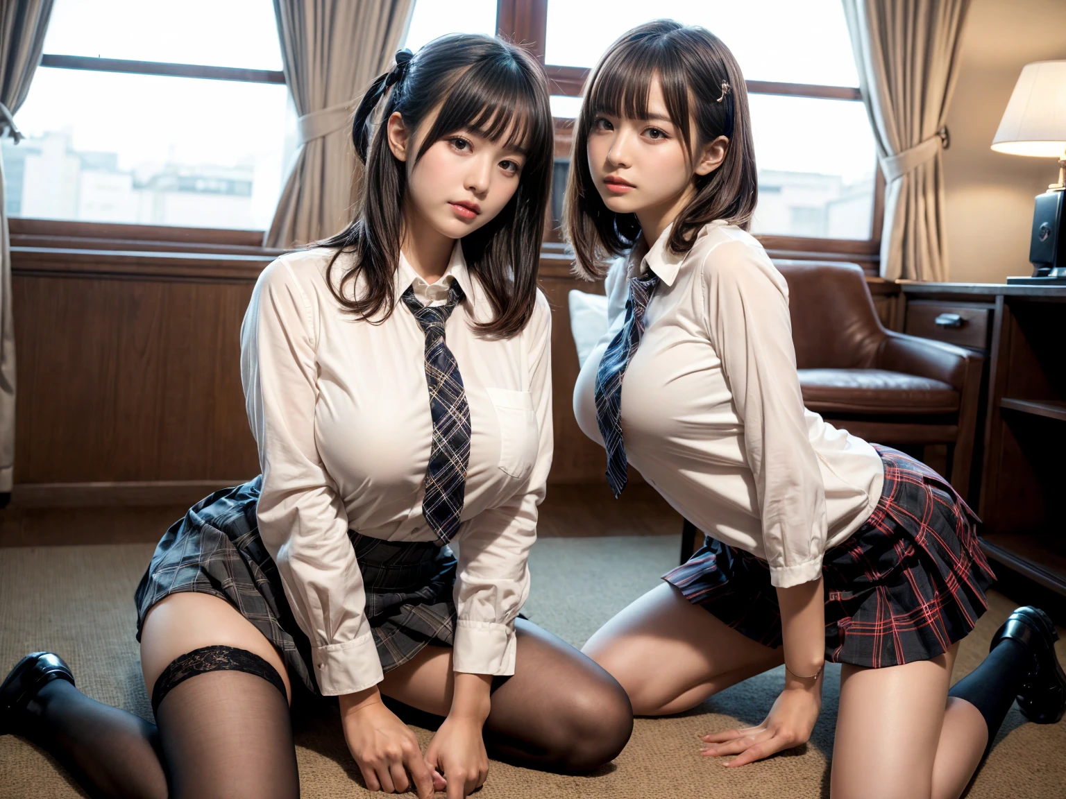 8k, RAW Portrait (Japanese women),masterpiece、Photorealistic:1.3、Realistic, Ultra-high resolution, highest quality, Real Life Photos ,( In the evening :1.1), ((((2 girls:1.5)))), (((Two girls showing off their panties In the room)))、(Cute Face:1.3)、日本の2 girls,((Two Japanese high school girls))、((Two real high school girls))、((Japanese High School Uniform:1.6))、(cardigan、Pleated skirt)、 Short Hair,,Slender body,、In the room、 big and beautiful fine eyes, Black Hair,(Written boundary depth:1.3)、 ((Dark brown eyes:1.2))、(Real skin texture:1.3)、(Immersive atmosphere:0.8、Chiaroscuro:1.2) 、(Look Viewer:1.3)、((Embarrassing))、((Red cheeks:1.3))、((From belowの天井:1.2))、(smile:1.2)、((((Wearing very small black panties))))、((Panty shot))、((A woman rolling up her skirt))、((From below:1.35))、((Panties close up:1.59))、((Panty shot))、The most beautiful woman in the world、The most beautiful woman in the world、((Spread your legs out to the side:1.4)),Shirt lift,Small breasts,Small nipples