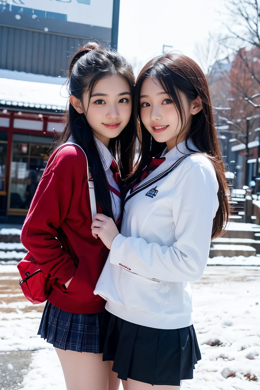 Two girl (20 years old, Japanese pretty face)  are wearing high school uniform with mini skirt at snowy city.