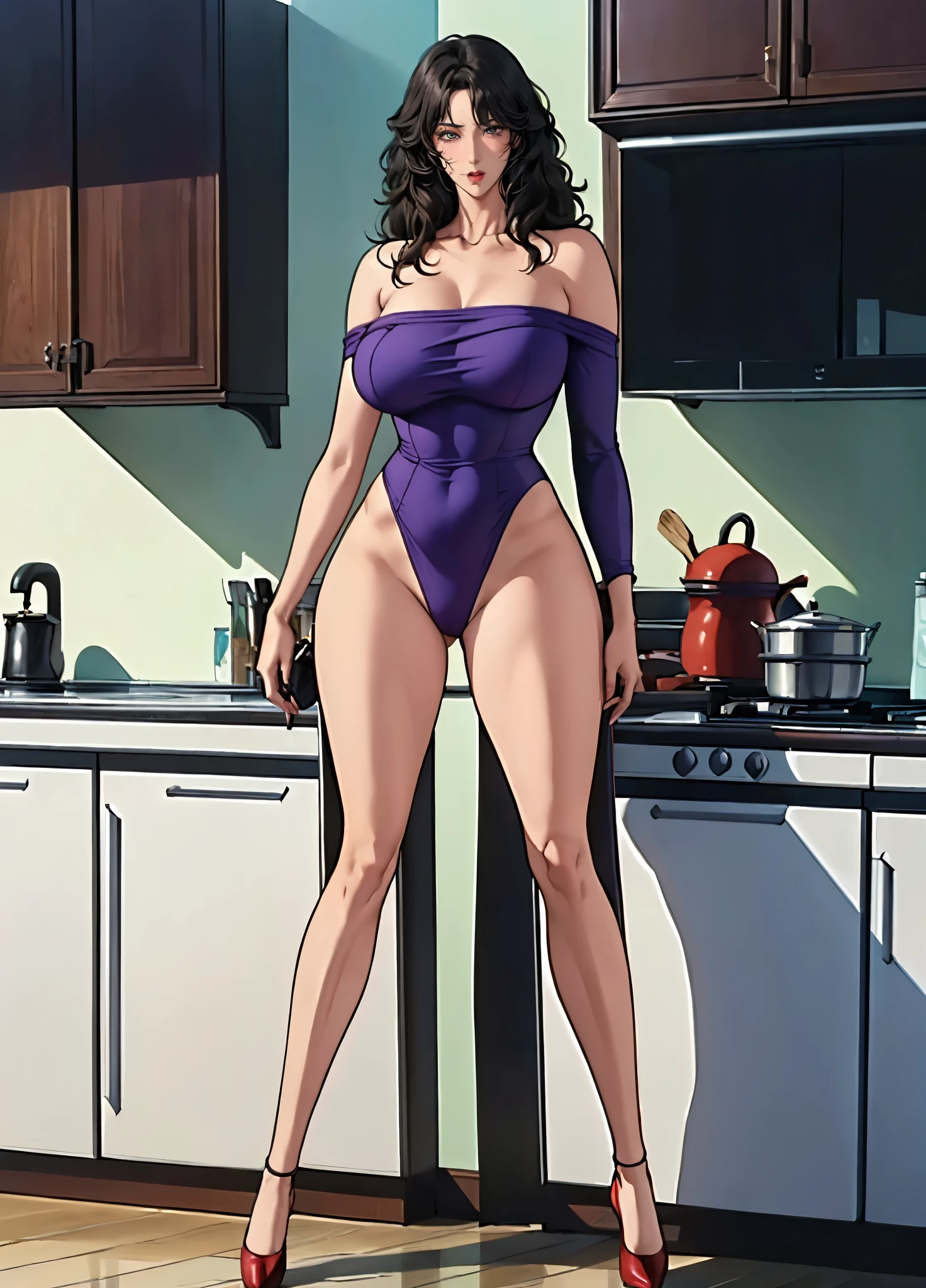 ((Rui Kisugi)),One 28 year old adult female,(( only 1 person is shown,Only 1 person shot :1.9)), (8k, 最 high quality: 1.2), very detailed, Complete solution, ( by Nomi, by Nomi photo: 1.5), portraits, high res RAW color photograph, high res and beautiful, high res, 8k 画像の壁紙, Amazing Details , large file size , very detailed美しい女性, very detailed face, ( Movie scene , Fantasy Art ,最 high quality, high quality, high res, high qualityの質感, 1 girl medium , beautiful details,Fine details, very detailedCG, detailed texture, by Nomi representation of face,Full body photography,before,dynamic,Bold),(full body:1.8),(((Highly detailed and perfect face))),(( tall nose )),((Very tall woman)),((Correct torso length)),((very leggy woman:1.8)),((normal breasts:1.5))、(curvy figure:1.5)、((( torn clothes)))、((( clothes are in tatters)))、 the woman is fighting fiercely 、((( fight scene)))、 tattered clothes that will get you down on your knees、 ((( has wavy, voluminous hair that is ridiculously long enough to hide her back:1.2))),Long, slicked bangs, very light coppery amber hair,( hair covering one eye:1.5),Blue Eyed Woman, Perfect Eyes, attractive eyes, (eyeshadow:1.2),((blush:1.2)), There is a small dot on the side of my mouth ,(Expressive crimson lips), very detailed肌, beautiful skin with luster and transparency ,(A little broad shouldered:1.6),(purple french sleeve leotard), off shoulder , long pants that float inside, clothes that fit your body . has a turquoise waist mark wrapped around the waist ,((Rear view of a woman standing in front of the kitchen sink and cooking looks back)),((Seductive and sexy buttocks facing the front)),(Bare legs),((ボリュームがある long legs)),(( long legs:1.9)),( wearing high heels),(Larger feet:1.6), perfect quality, good quality , Masterpiece , high res , 超 high res 、((( The background is the kitchen )))、 Masterpiece , 超 high image quality , beautiful details, tall beautiful woman、( rope bondage:1.4), nsfw,beauty、(Height 180cm,),((thick thighs:1.3)),( big ass:1.3),(( Masterpiece ))、(( high image quality ))、8k、(( facial details ))、Woman 1, has a blue-green waist mark wrapped around her waist、、((( torn clothes))), (( very slim waist :1.9)), erotic pose , dripping from the crotch,Sexy legs, perfect body proportions ,(( amazing orgasms )),( long, beautiful leg details),sweating,