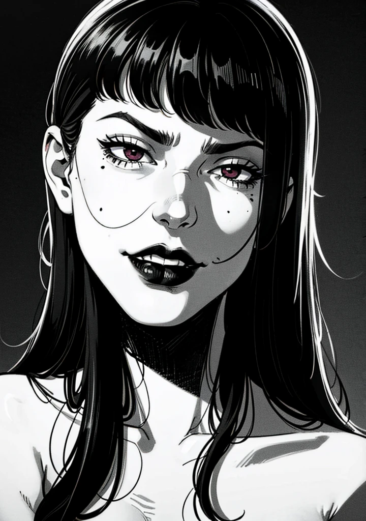 A woman with long black hair, black background, sad, expressionless, chest shot, close-up of upper body, rough expressive lines, expressive lines, dark lines, dense lines, intense line work, masterpiece, best quality, super fine, extremely delicate and beautiful, horror manga, black and white manga, black and white line drawing, inspired by Junji Ito, art style of Junji Ito, hand-drawn, character focus, extremely fine, by Kim Jung gi