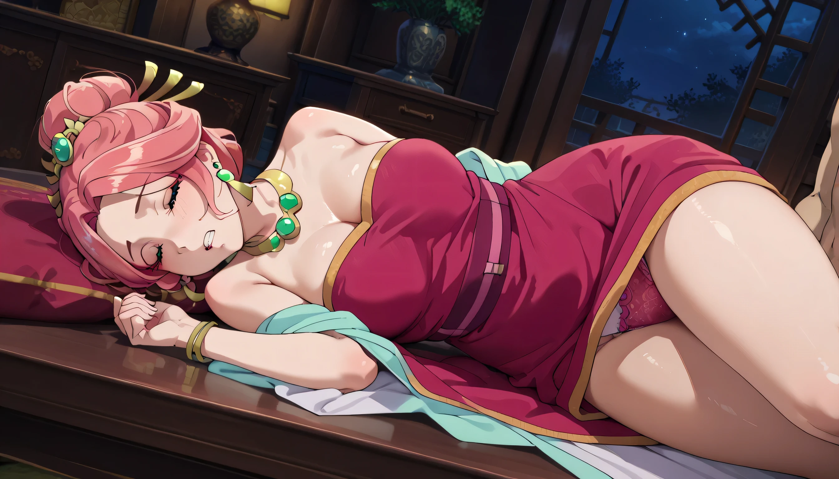 Anime girl laying on a bed with a pink dress and green earrings - SeaArt AI