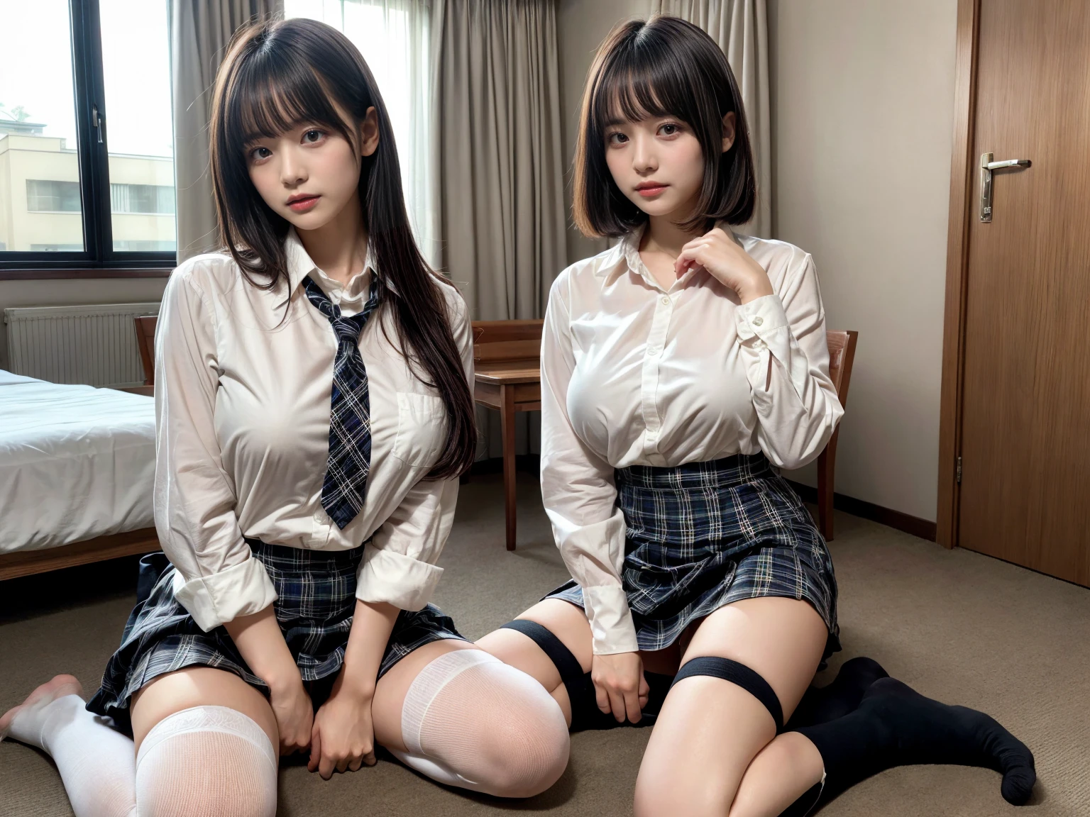 masterpiece, best quality, illustration, Super detailed, fine details, High resolution, 8K,wall paper, perfect dynamic composition,(Details High quality, realistic depiction of eyes:1.3), (3 girls), (white school shirt :1.2), (plaid skirt :1.3), tie black, black thigh-high stockings, sitting, open legs, short bob hair, in a hotel room in the background, deep on field, large breasts, black hair color, Big Natural Color Lip, (perfect body shape), crying a little、Harajuku style、20 year old girl、cute type、beautiful legs, Gravure Idol