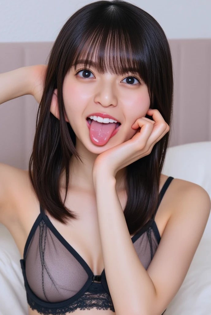 Mini dress,open mouth,tongue out,cum on tongue,Sitting on a black sofa,looking ahead,from above,flont view,face focus,open mouth,tongue out,(1girl,Beautiful  girl),((Slender,Small breasts,Small face,)),looking at viewer,Black Hair,bangs,straight,Beautiful and detailed,Mischievous smile,Dimly lit room,Simple Background,Gray background,Low lighting