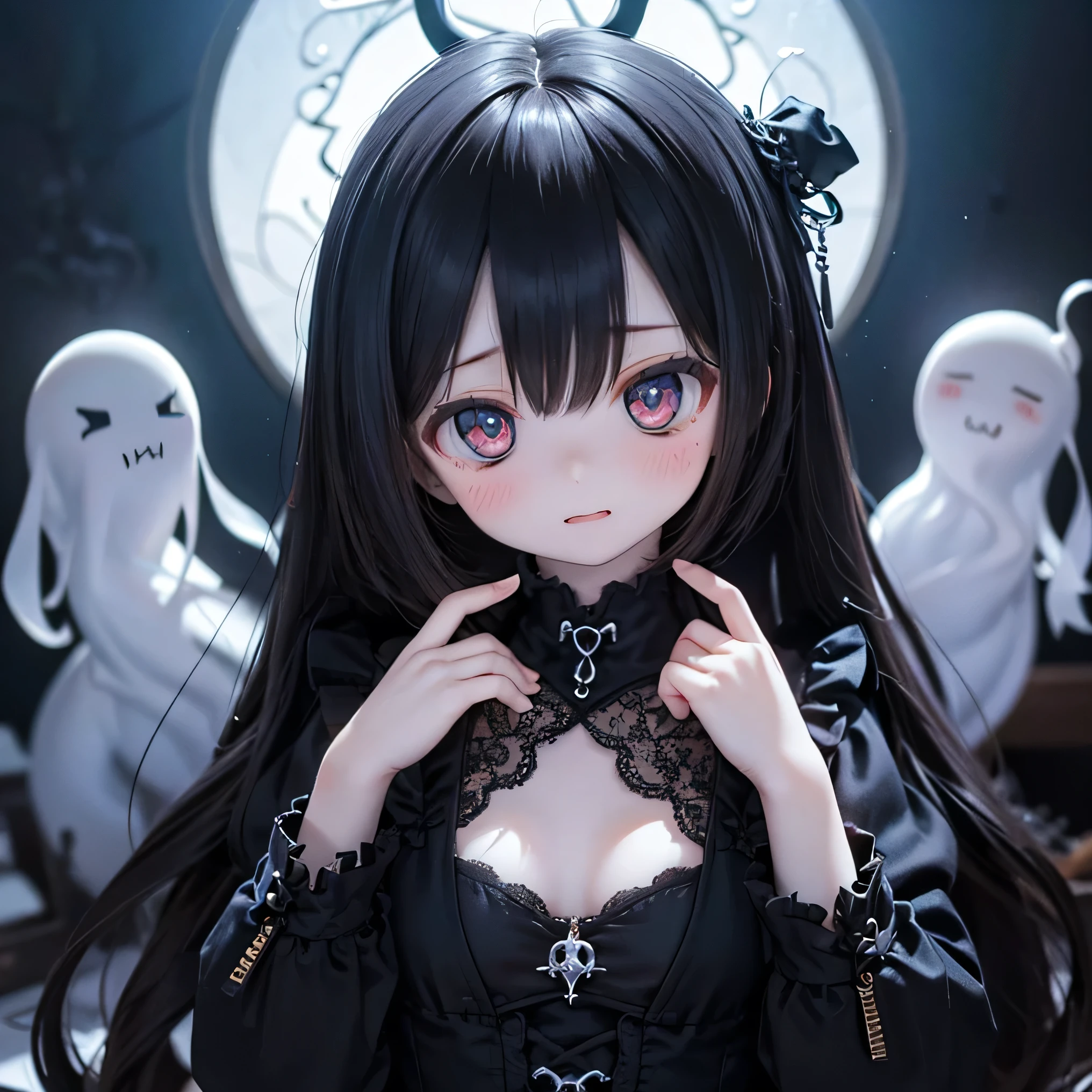 (Highest quality,4K,8k,High resolution,masterpiece:1.2),beautiful detailed eye,length eyelashes,Beautiful lip detail,extremely detailed eye and face,(Vibrant colors,colorful,Contrast enhancement:1.1),dark atmosphere,spooky ambiance,Gothic style,Satanic in front,Devilish charm,(Fine art,shape:1.1),Digital Painting,dark fantasy theme,dramatic lighting,Ghostのようなly beautiful,detailedなテクスチャ, (Horror, dark, Bad luckな) girl, (Gothic, Victorian) fashion, (mysterious, charmな) vision, (pale, porcelain) skin, (length, Flowing) Black Hair, (elegant, Complex) Lace dress, (Bad luck, spooky) Shadow, (spooky, Otherworldly) background, (Illuminated by the moonlight, Ghostが出る) garden, (Bad luckな, charmed〜Three Witch Sisters) forest, (elegant, charmな) stop temporarily, (dark, mysterious) aura, (mysterious, Supernatural) Powers, (Forbidden, mysterious) mode, (charmed〜Three Witch Sisters, cursed) relic, (Twisted, bent) reality, (charmな, Ghostのような) smile, (cold, bone-cold) silence, (elegant, Gothic) architecture, (Bad luckな, hypnotism) eye, (intense, dark) emotion, (Powerful, order) in front, (Bad luck, Bad luckな) atmosphere, (spookyな, spookyな) detailed, (charmな, charm) performance, (Satanic, Ghostのようなly beautiful) shape, (elegant, spooky) composition, (Surreal, dream-like) scenery, (strict, Bad luckな) cloud, (magic, mysterious) element, (charmed〜Three Witch Sisters, Ghostのような) aura, (Shadowのある, mysterious) shapes, (Ghostが出る, Abandoned) Apartment, (Bad luckな, malicious) 意shape, (Supernatural, Otherworldly) energy, (Ghostのような, cold) whisper, (elegant, dramatic) stop temporarilys, (mysterious, mysterious) beauty, (Devilish, charmな) eye, (intense, Powerful) vision.Open your arms、(((Ghost)))