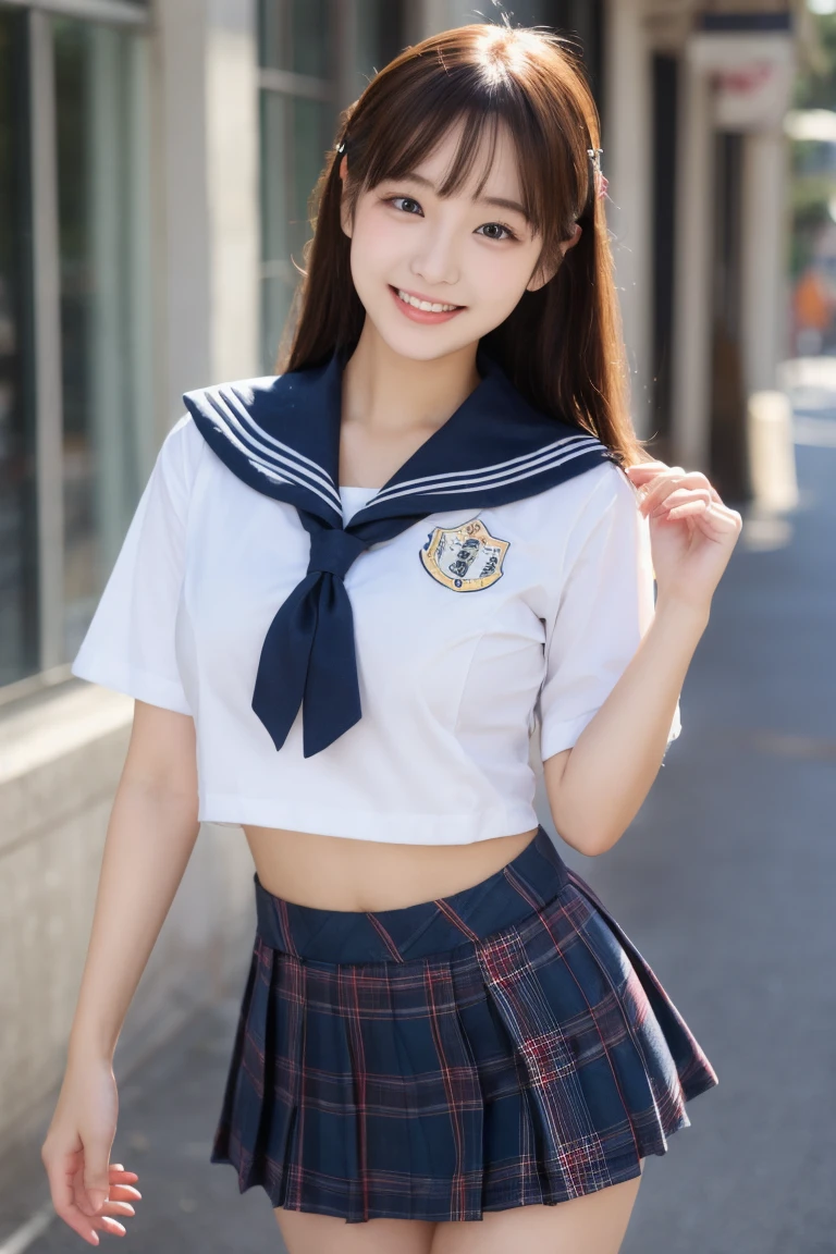 neat college girl, (school uniform, sailor uniform, ribbon tied at chest, summer uniform, upper body white, skirt dark blue, short sleeves), outside the athletic field, (slim), photorealistic, detail, skin texture, ultra detail, delicate and sexy collarbone, smile, super detailed face, detailed lips, detailed eyes, double eyelids, small breasts, small breasts, small, small, flat chest