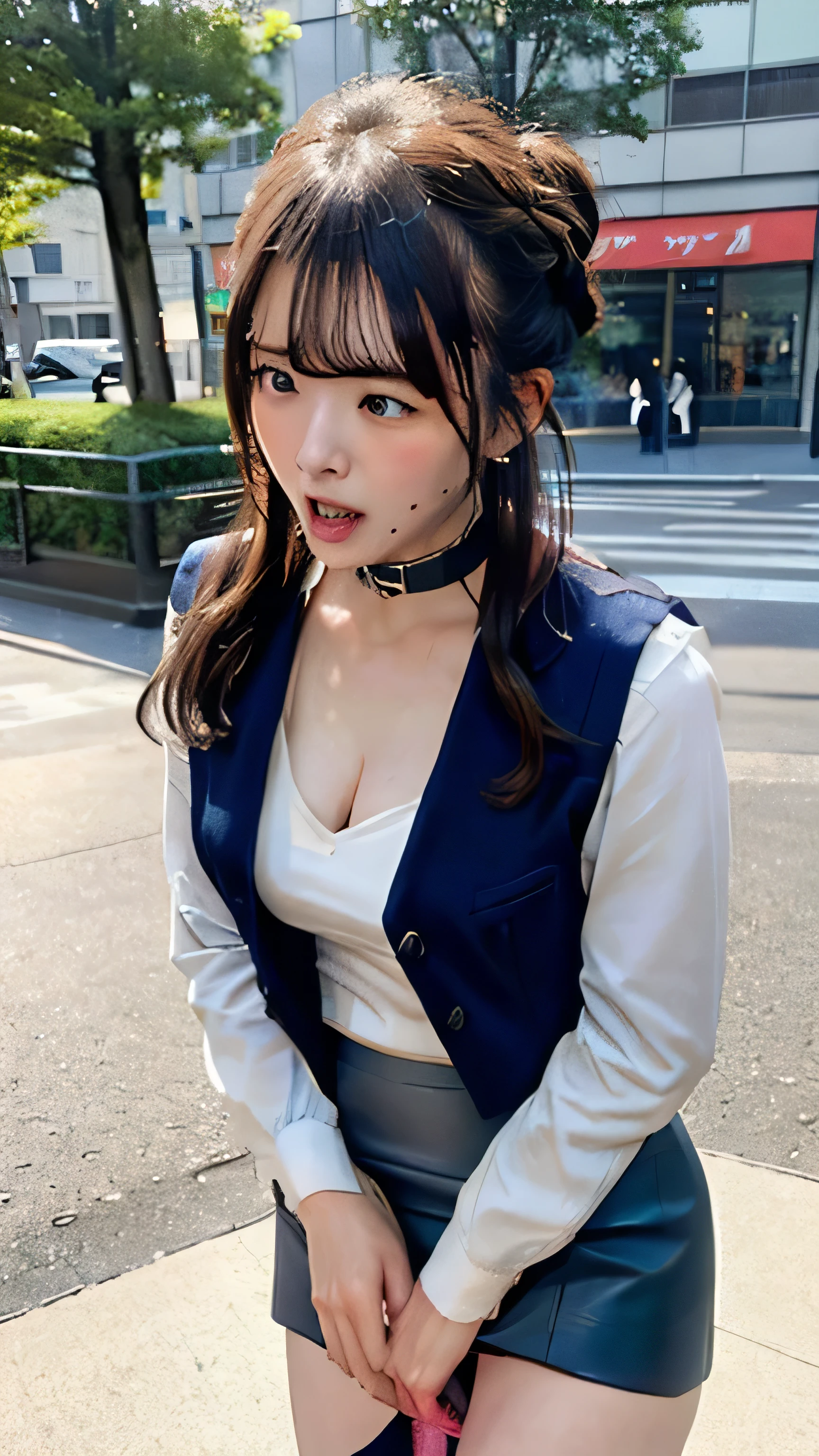 ((((perfect anatomy, super detailed skin)))), 1 girl, japanese, , shiny skin, large breasts:0.6, looking away, watching the view,, 
beautiful hair, beautiful face, beautiful detailed eyes, (long hair:1.7, half updo:1.5), 
beautiful clavicle, beautiful body, beautiful chest, beautiful thigh, beautiful legs, face, mole under eye, 
((long sleeves white shirt with collar and buttons, (beautiful dark blue suit vest:1.4, dark blue micro mini pencil skirt:1.4)), middle boots), wet crotch, seductive thighs, camel toe, ((animal collar)), 
((leaking pee:1.9, leaking poop:1.3)), 
((ahegao, ashamed, drooling, open your mouth wide)), (((walking, sex toys in panties), female masturbation, abused, object insertion, vibrator)), 
(beautiful scenery), winter, midnight, hokkaido, sapporo, odori park, crowd, christmas, christmas tree, illumination, tv tower, snow, snowfall:1.7, freezing weather, frost, 
(8k, top-quality, masterpiece​:1.2, extremely detailed), (realistic, photorealistic:1.3), beautiful illustration, cinematic lighting,