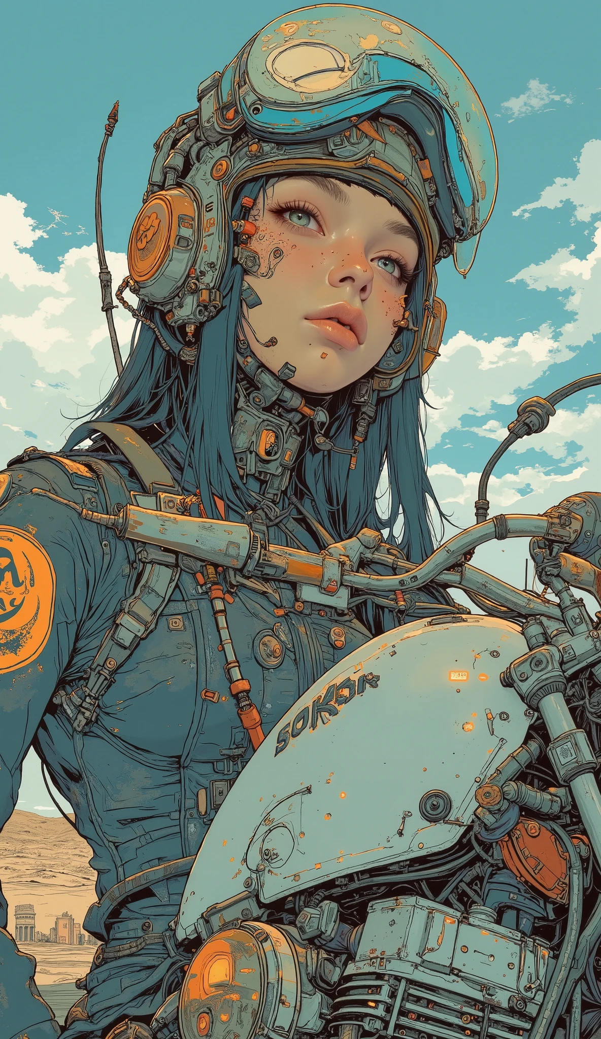 Close up of a person wearing a helmet sitting on a motorcycle, a pop art painting inspired by Harumi Hironaka, Pixiv, pop art, drawn like the anime Speed Racer, Art Deco Outrun Anime Aesthetics , guweiz style art, Outrun Art Style , Kentaro Miura art, 80s anime atmosphere