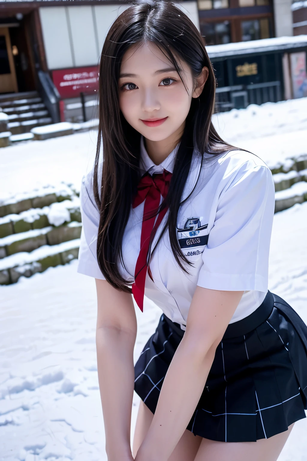 Two girl (20 years old, Japanese pretty face)  are wearing high school uniform with mini skirt at snowy city.