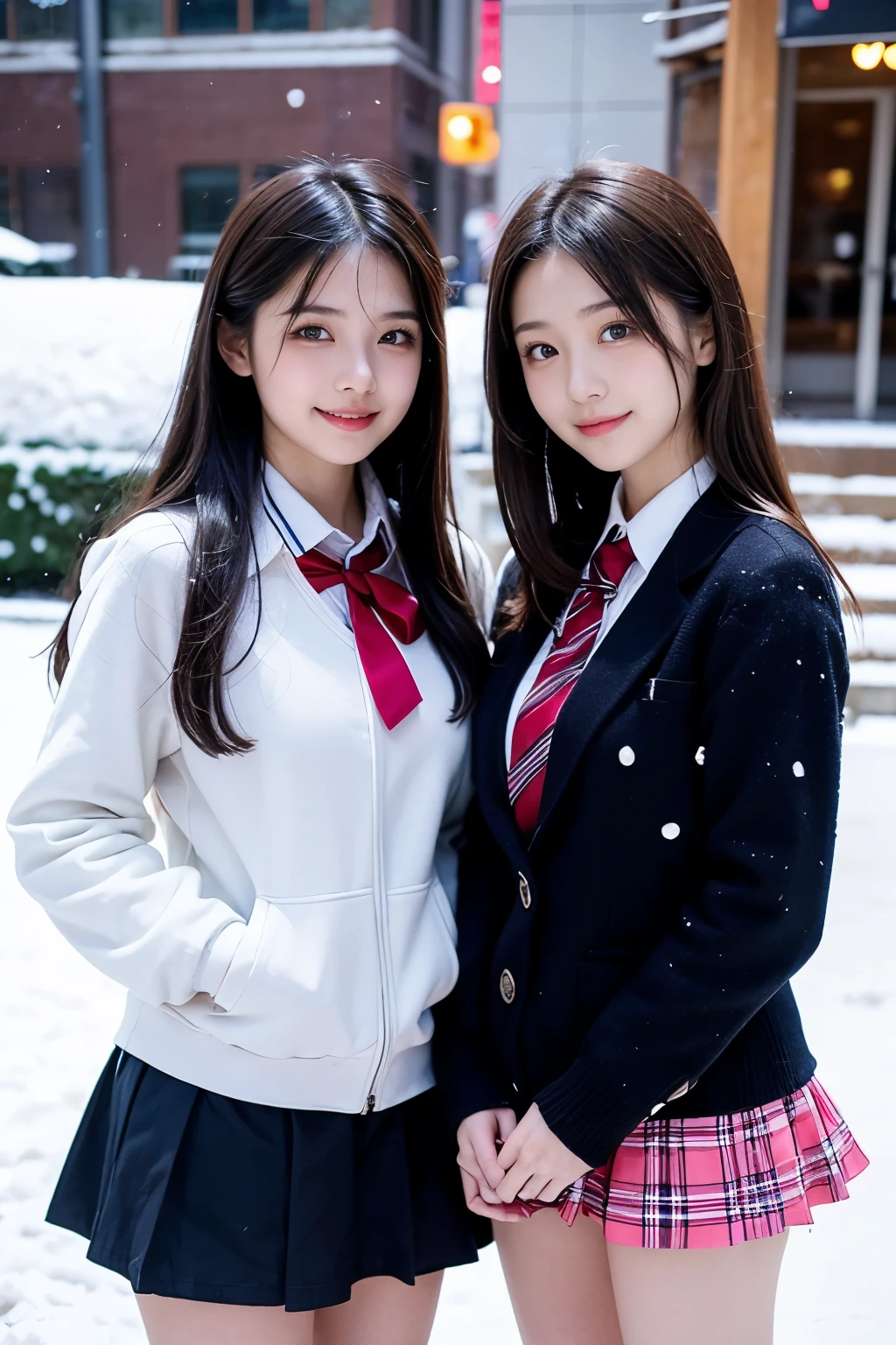 Two girl (20 years old, Japanese pretty face)  are wearing high school uniform with mini skirt at snowy city.