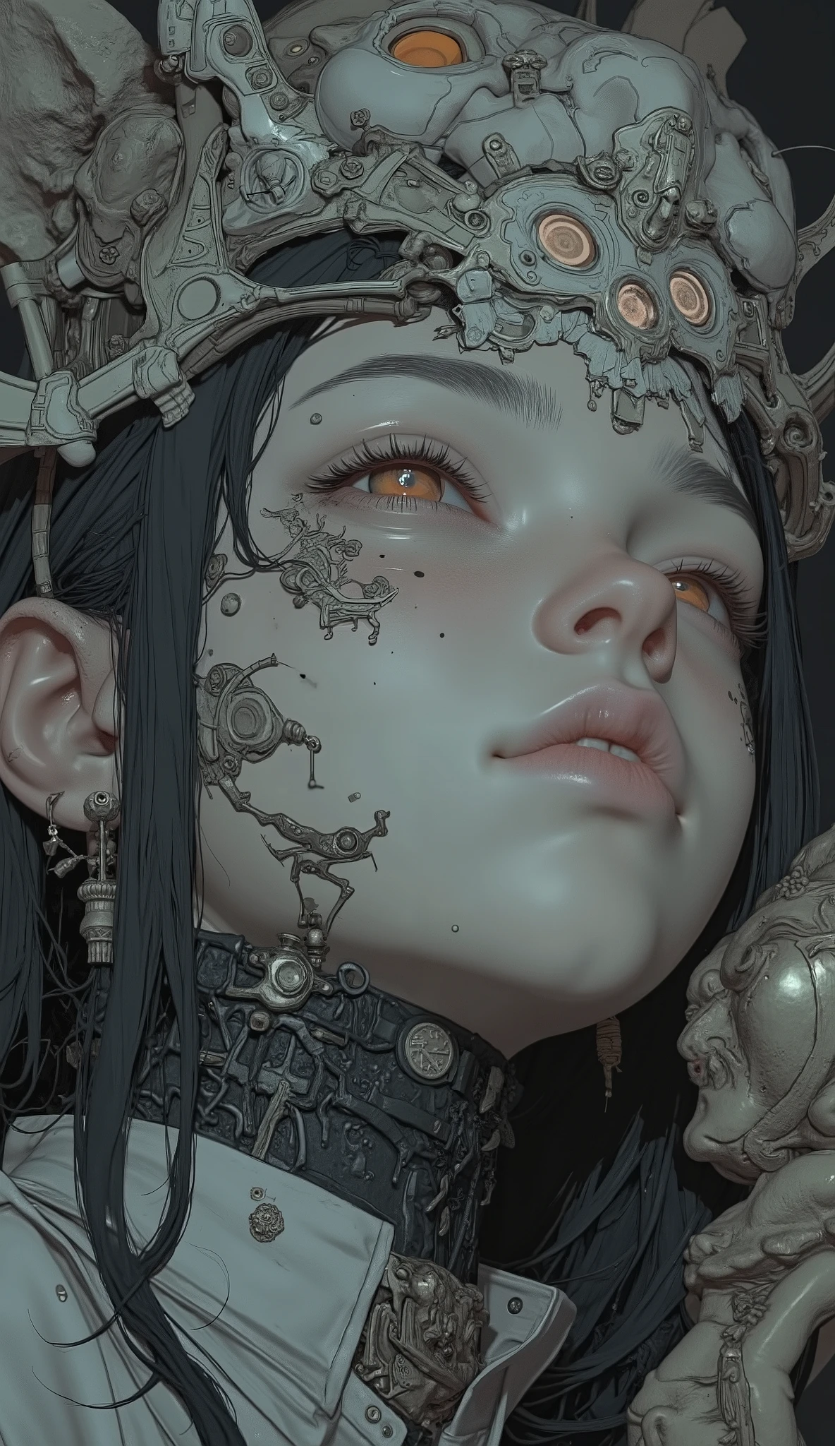 close-up high detail 。 close up of a female face on a statue 。, by Oliver Singh, Zbrush Centralでトレンド中, Renaissance, Masterpiece Ansolo Portrait , Super Detailed Fantasy Characters , High precision closeup, horror!! High precision, ( High precision figure ), close-up high detail , holding a lion's head , close-up character , Extremely detailed face and body