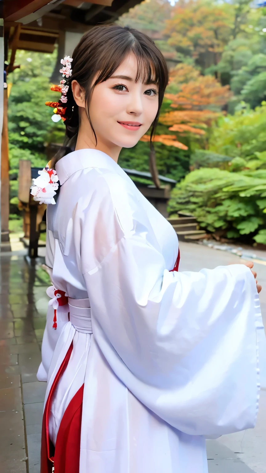 masterpiece, top quality 、 Real Photos,raw photo 1 girl, 最 high res、8k、25-year-old female 、 big breasts、 slender figure、whole body、 high res、 beautiful eyes、Beautiful Nose、 hide hands behind 、( nice smile、Open your mouth slightly)、(braid hairstyle、 Shrine Maiden Cosplay、Kimono、shrine)