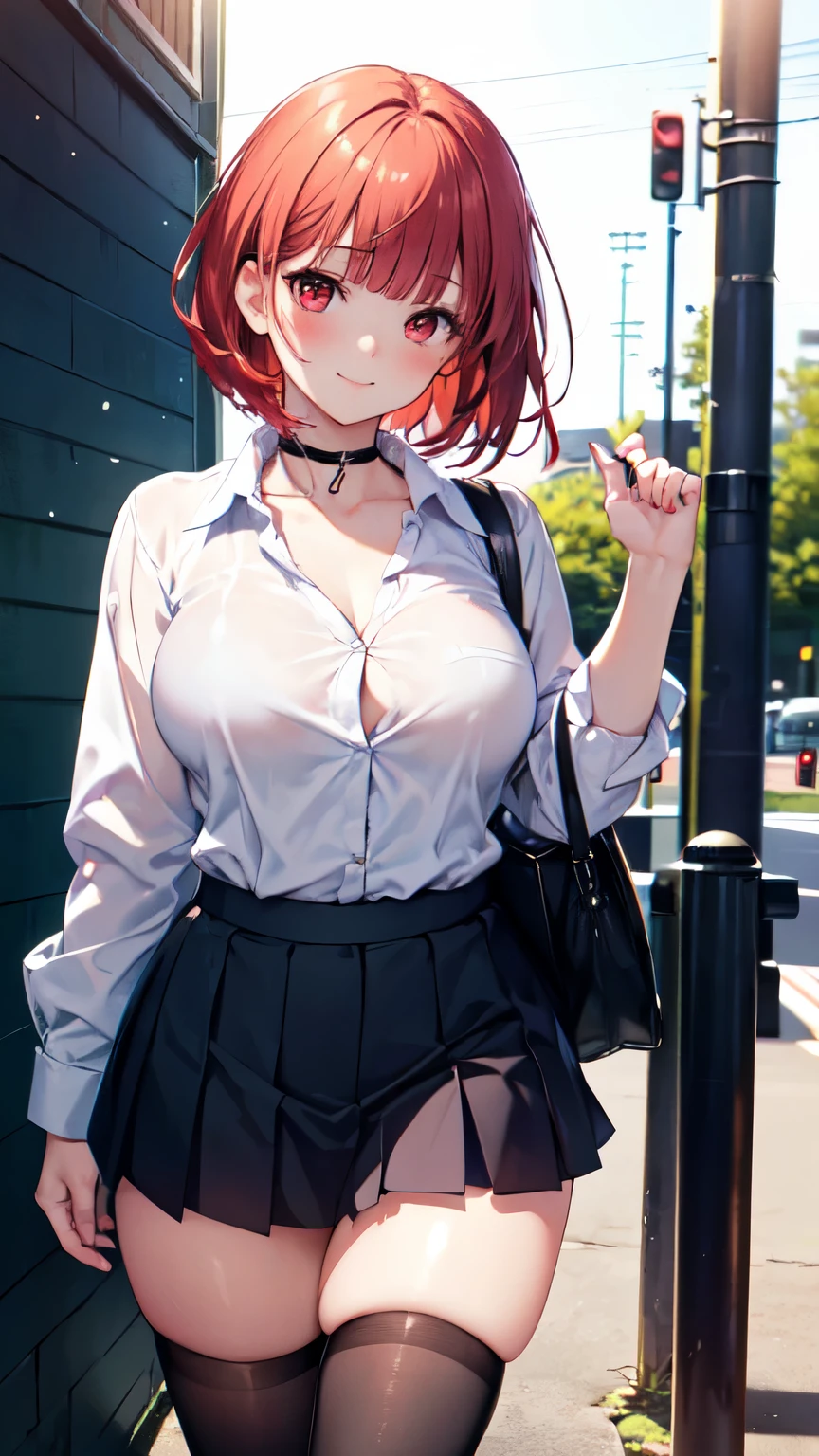 Masterpiece to the smallest detail、top-quality、1girl in、Solo looks 12 years old、150cm petite beautiful girl、small tits、12-year-old baby face、red hairs、Gradient bob in the forward、Pink and violet mesh、red eyes、Red eyes、Tall, big eyes、Outstanding looks、A lovely child、proximity、closed_mouth、a smile、red blush、full of shyness、blue headwear、Hats、pink bowtie、校服、 Blue jacket、jaket、skirt by the、Gray skirt shirt、white shirt、an legs、Black socks、sitting on、Classroom、hair_ornament、looking_at_viewer、beatiful detailed eyes、Akame、panties on、lift up one's skirt、Professional effects、