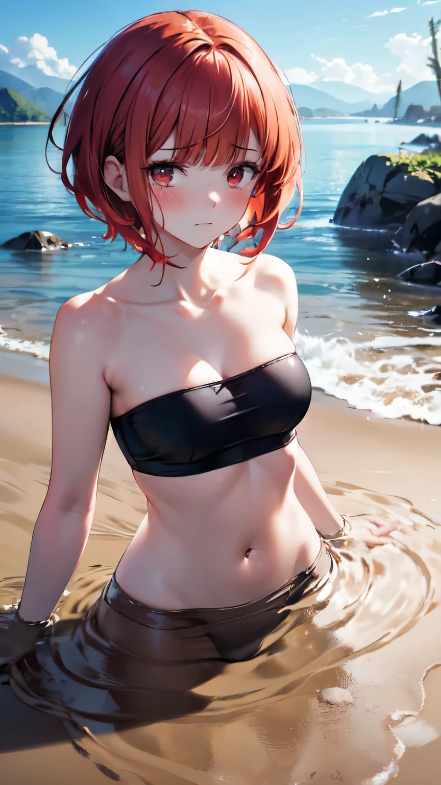 ((Highest quality, High resolution, masterpiece, detailed)),
Cowboy Shot, Written boundary depth, View your viewers, Anatomically correct, 1people, woman, Perfect Face, Cute and symmetrical face, Shiny skin,
(ponytail, Redhead), blue eyes, (Large Breasts:1.2),
Beautiful details, Beautiful Hair, Beautiful Face, Beautiful clavicle, Beautiful body, Beautiful breasts, Beautiful thighs, Beautiful legs,
(Shiny crimson bikini with black patterns, Shiny green shirt),
(Beautiful views), summer, Ocean, Sandy Beach, (Cute Smile),