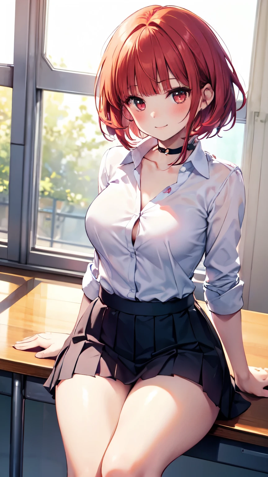An anime girl with red hair and blue eyes wearing a skirt and an open shirt revealing a black and red bra