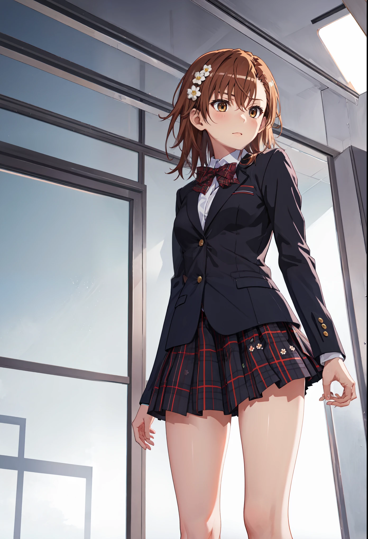 top quality, masterpiece, high res, Alone, Misaka Mikoto, Flower Hairpin, Tokiwadai high school uniform, blazer, Winter clothes, plaid skirt,