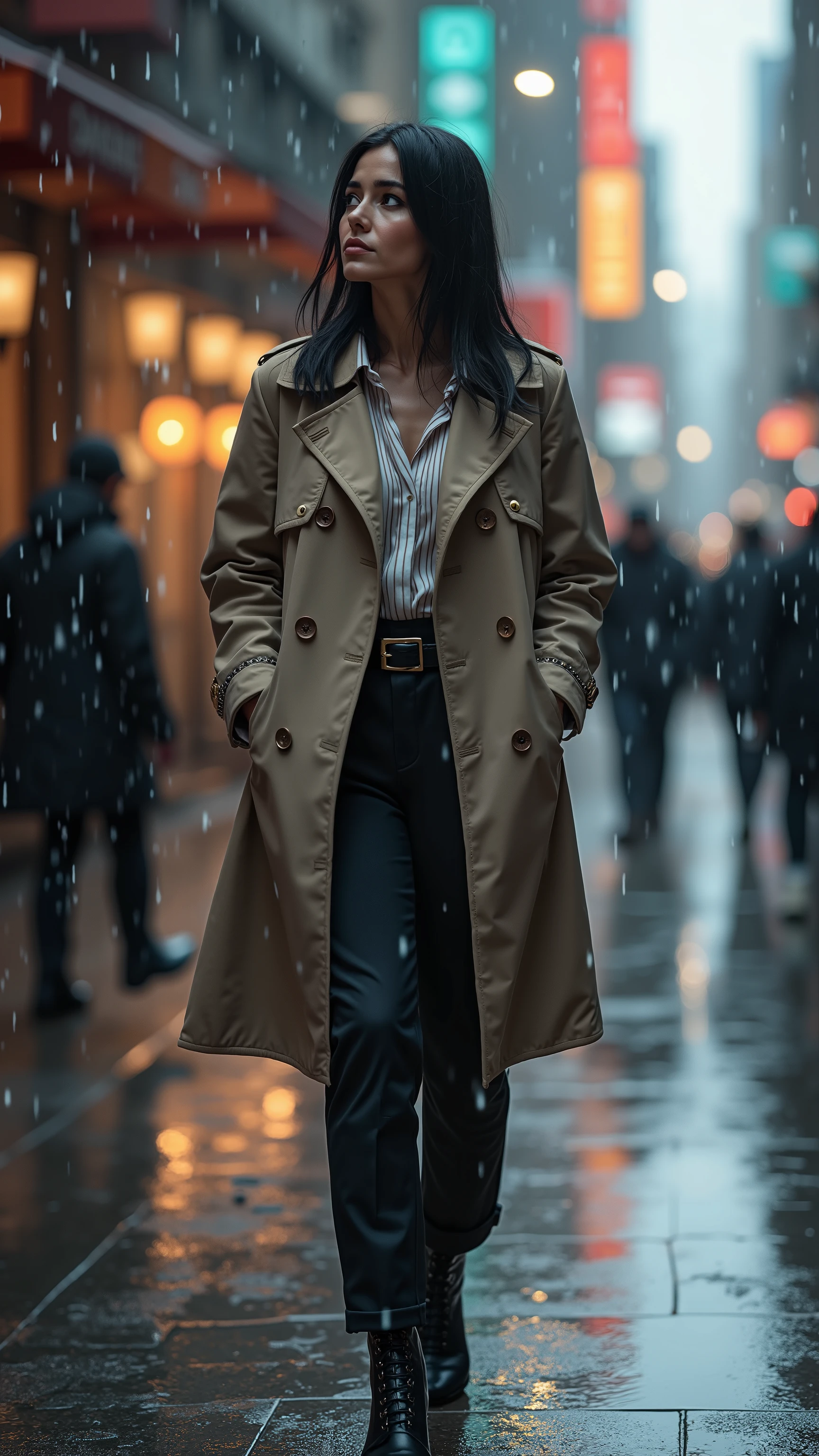 A hyperrealistic, high-resolution photograph of a woman on a bustling city sidewalk during a gentle rain. Her sleek dark hair frames her face as she gazes thoughtfully, and a digital disintegration effect causes subtle fragments of her figure to dissolve into a cascade of luminescent particles reminiscent of rain droplets. She wears a chic tailored trench coat over a crisp blouse and fitted trousers, complemented by stylish ankle boots. The reflective wet pavement and blurred city lights create an atmospheric urban backdrop. Captured with a Canon EOS R5 and an 85mm f/1.2 lens, every element is rendered in exquisite micro detail with a cinematic depth of field that merges realism with innovative digital artistry.
aidmarealisticpeoplephotograph