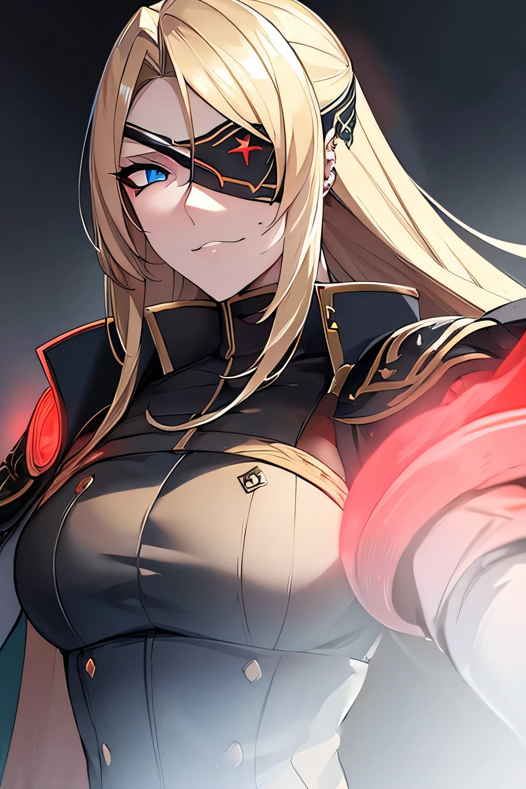 ((masterpiece)), ((best quality)), 1girl, adult, long hair, ((blonde hair)), very long blonde hair, ((intimidant look)), ((close-up)), profile image, green eyes, black and red clothes, sexy, dark colors, brillant eyes, ((coat with fur)), ((wavy hair)), exposed skin, ((sexy pose)), ((intimidant look)), good anatomy, ((dark sage clothes)), ((straight cut bangs)), emotionless, intimidant, ((beautiful eyes)), dark background, close up, ((detailed eyes)), beautiful eyes, ((detailed face)), hair bang, frontal look, evil, relaxed, smile, magical goddess othinus, detailed face, eyepatch, full body, ((detailed))