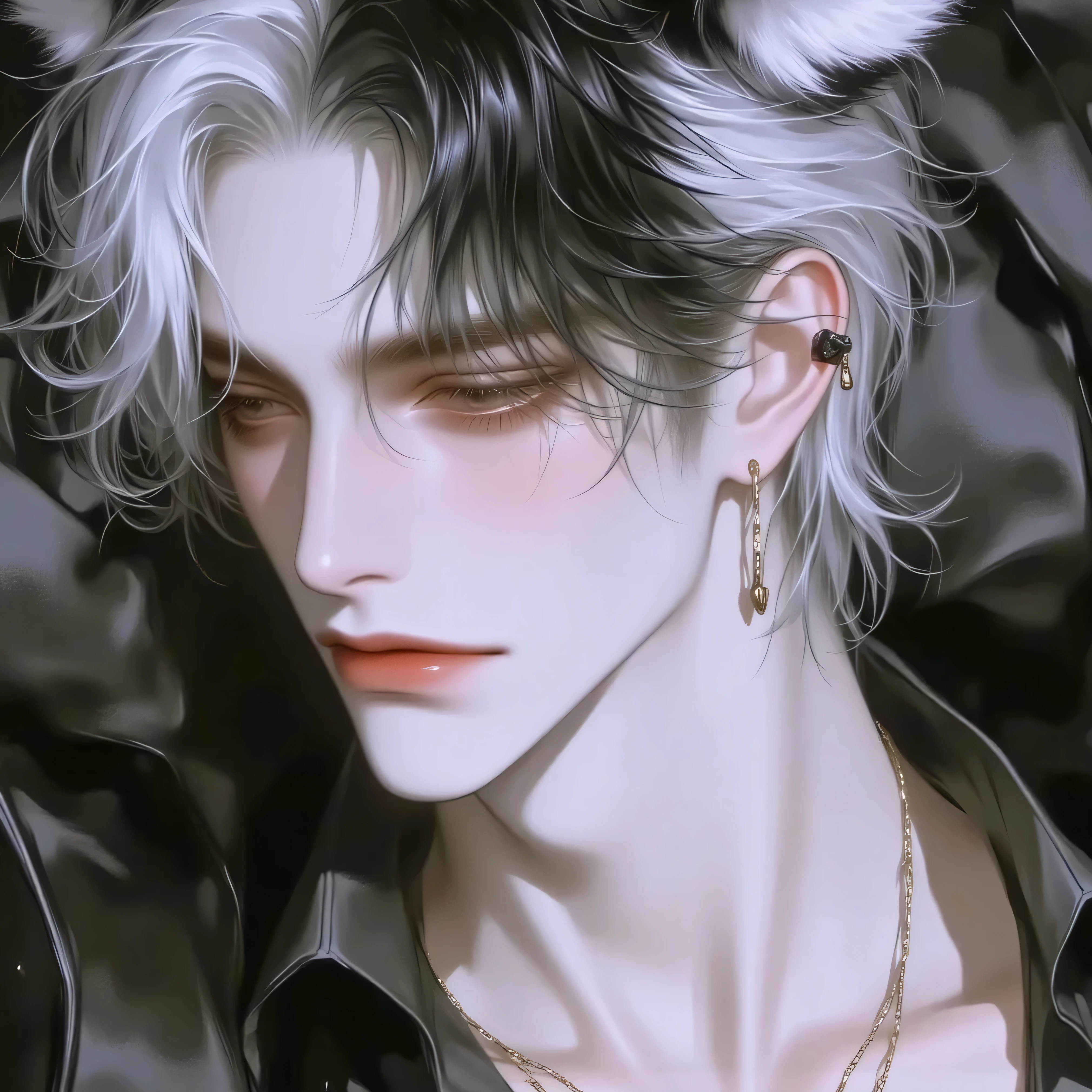 A 26-year-old young man with a strikingly handsome appearance and a well-built physique. His sharp black eyes exude intensity as he turns slightly to the side. His skin is a warm yellowish-white tone, enhancing his mysterious and charismatic aura.
His short hair is uniquely split into two colors—one side pure white and the other deep black—giving him a distinct and bold look. Panda ears rest atop his head, adding a playful yet enigmatic touch. He is lying down in a relaxed yet confident posture, his presence effortlessly captivating. A small heart tattoo is visible on his neck, subtly adding a touch of sentiment to his otherwise cool demeanor.