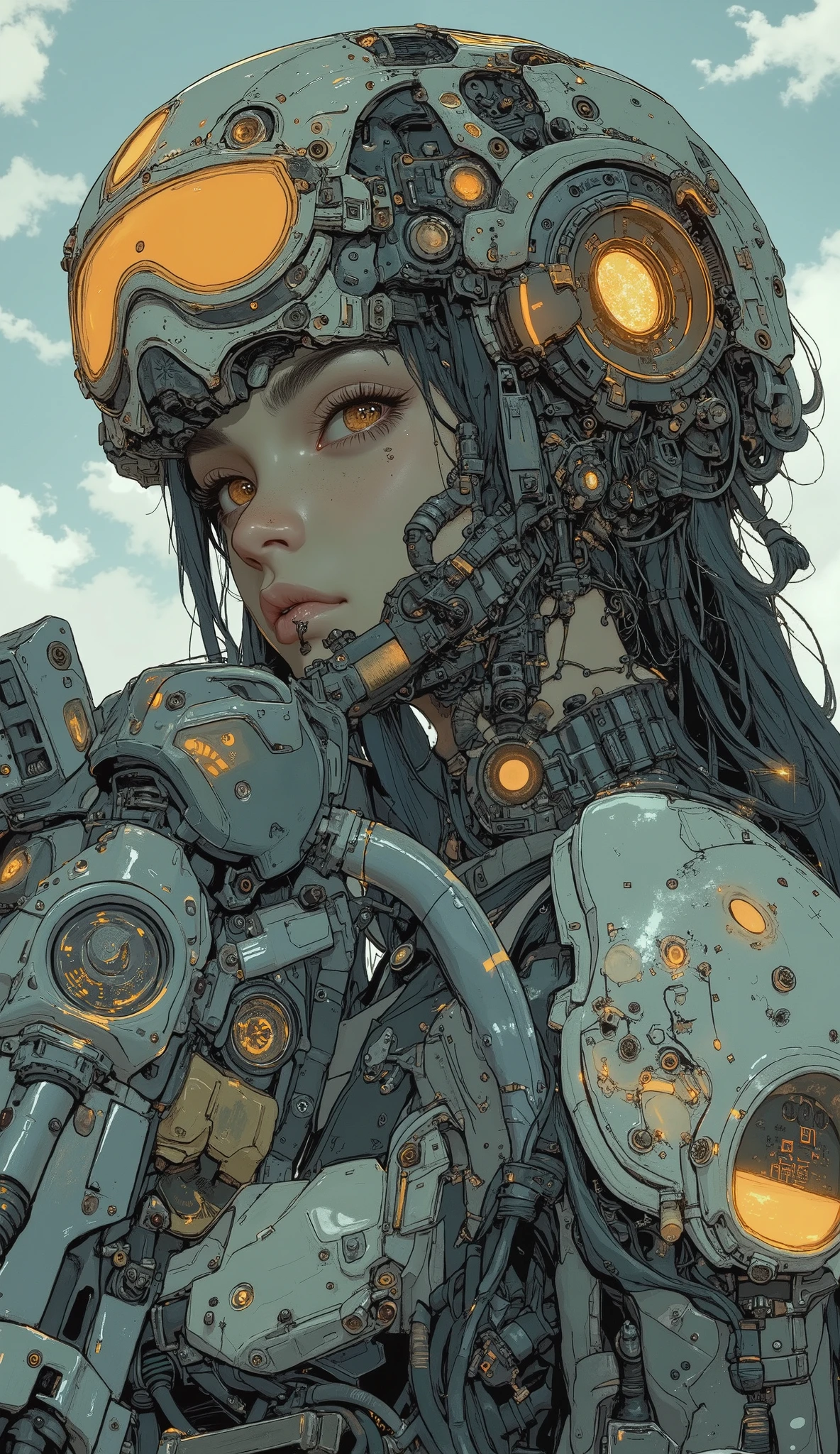 Close up of a person wearing a helmet sitting on a motorcycle, drawn like the anime Speed Racer, Art Deco Outrun Anime Aesthetics , guweiz style art, Outrun Art Style , Kentaro Miura art, 80s anime atmosphere , animated art with beautiful details , Feminine Gothic Aesthetics Inspired by Hironaka Harumi , older woman wearing {x} Highly detailed elaborate fan art of an older woman wearing a