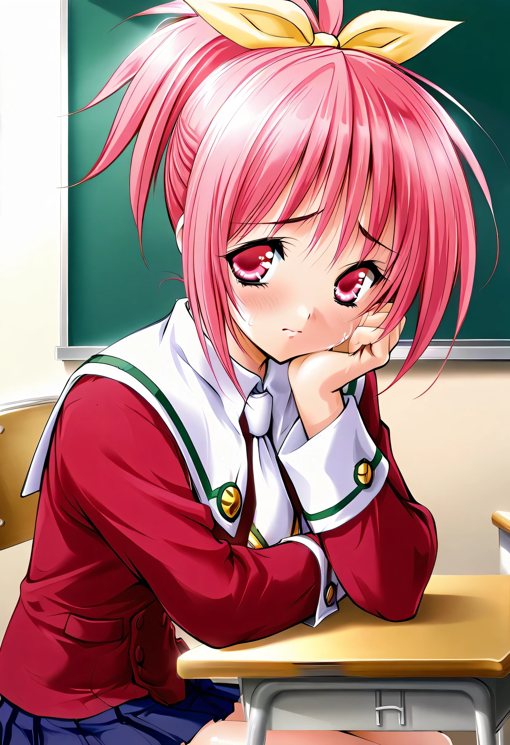 masterpiece, best quality, official art, amazing quality, ultra highres, very aesthetic, highly detailed,
1girl ,Serina,yellow ribbon,(pink hair),(pink eyes), beautiful detailed eyes, BREAK
serina_school_uniform, red school uniform, white necktie, blue pleated miniskirt,provocation, school desk, chair, sitting,from side,head rest,(look away),school uniform, shirt, skirt,nervous,cowboy shot, highly detailed,