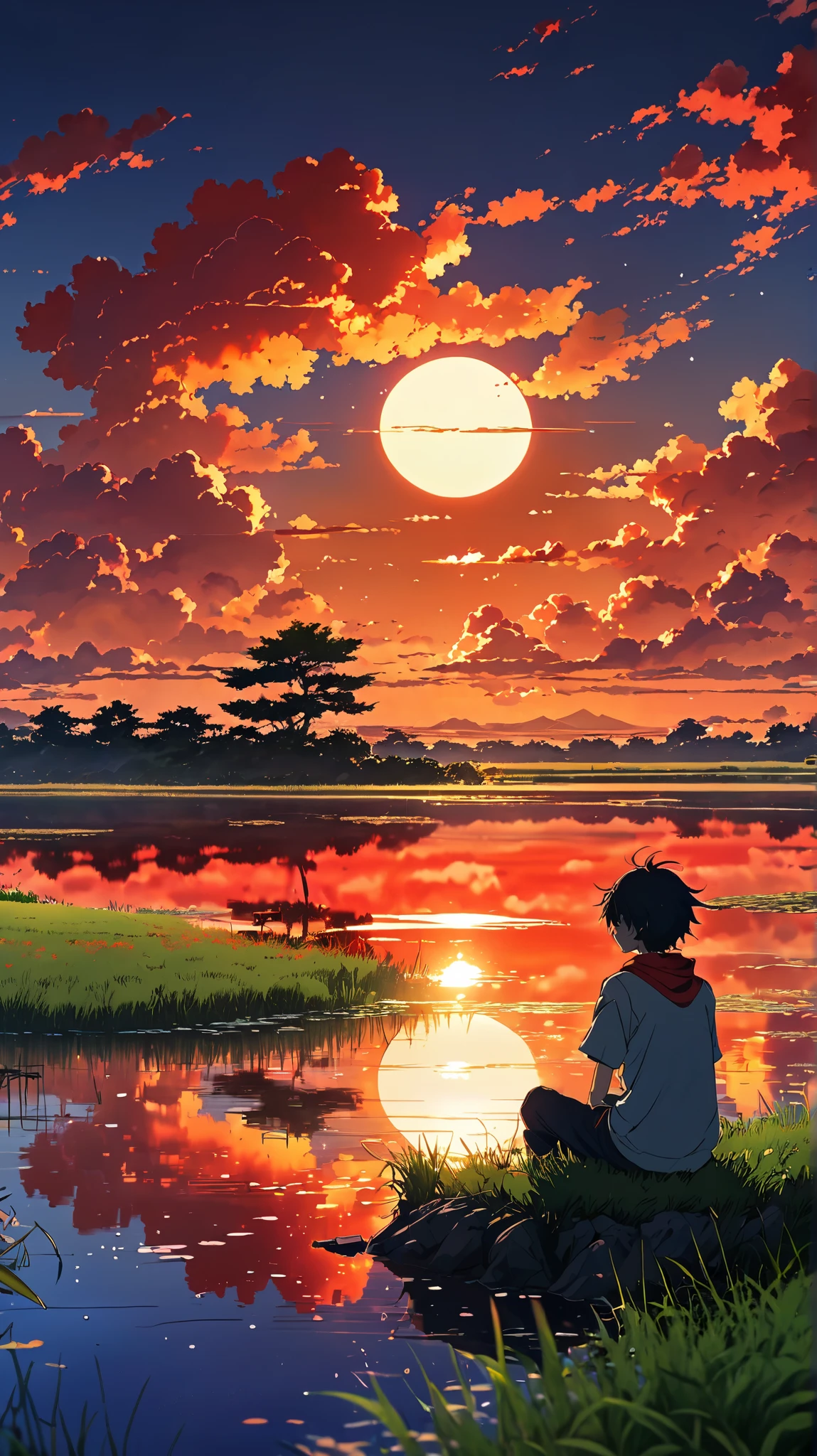 Anime scene of a boy sitting by a small grassy lake, Sunset with orange and red hellish clouds, anime nature wallpapers, Beautiful anime scene, Beautiful anime peace scenes, Makoto Shinkai Cyril Rolland, Beautiful anime scene, Awesome Wallpapers, Anime Art Wallpapers 8K, Anime Background, art Anime Background, Anime 4K Wallpapers, Anime Art 4K Wallpaper, Anime Art 4K Wallpaper,