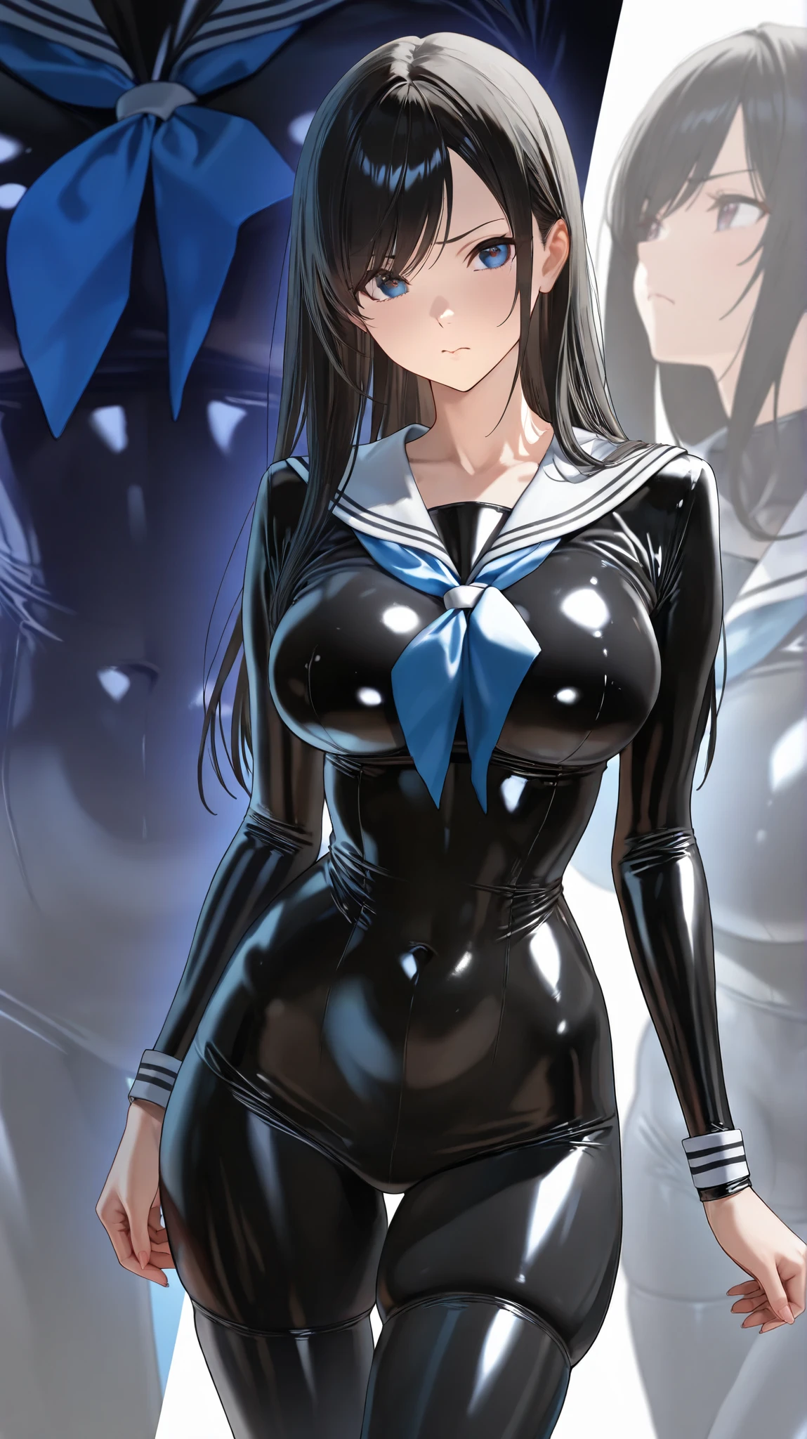 (cabello despeinado), (illustration), retrato, (fondo de ciudad futurista), (arms behind back), Cintura delgada, gran sonrisa, ojos detallados, abdominales fuertes, chica delgada, strong abs, muscle girl, front pose, big thighs, focus on face, big breast, large city background, blue hair, sailor uniform, skirt, sit on rock, detailed vagina, nude, heavy armor suit
