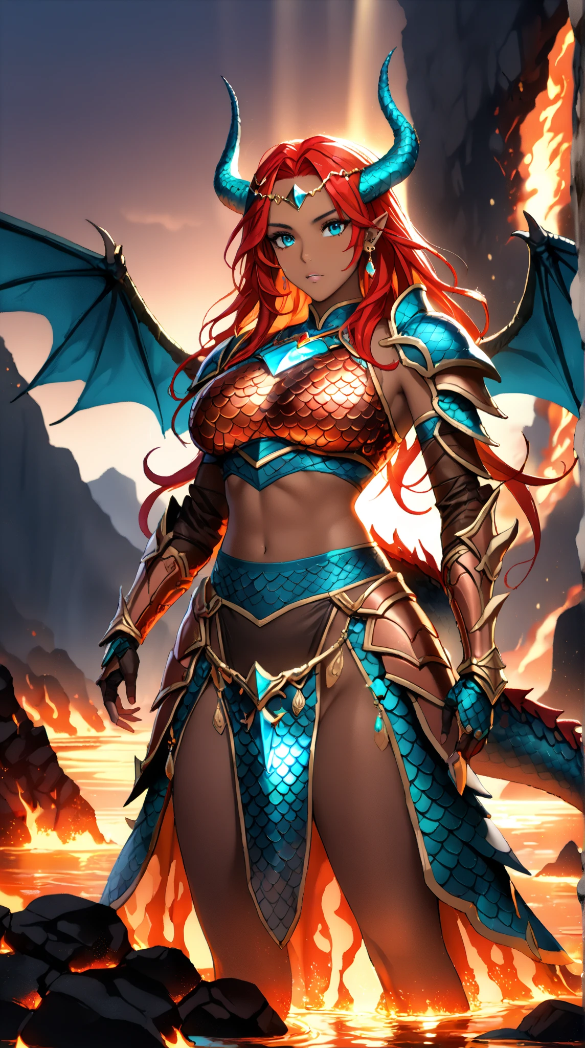 a mystical warrior woman with short red hair, piercing blue eyes, and red dragon-like horns, wings, and tail, wearing intricate dark purple armor with gold plating, wielding a flaming sword and emanating powerful fire magic, disappointed look, dragon tattoo on her stomach, exposed stomach, purple clothes, dragon tattoo, fully covered breast, armor on breast, fully dressed, fully armored, only belly exposed, no exposed skin