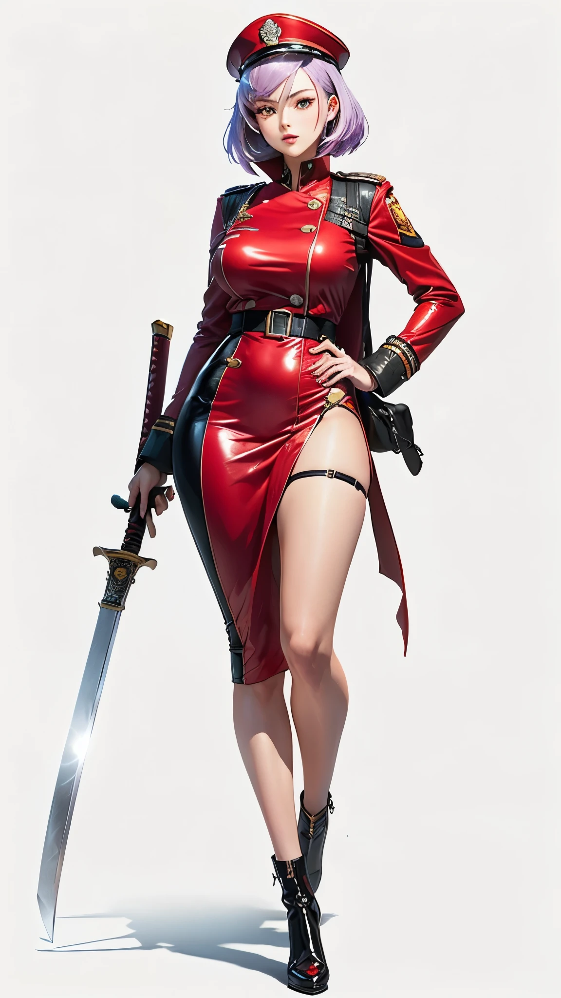 (((character design))), ((UHD, High details, masterpiece)), (mature woman, butcher), blonde long ponytail, ((fancy, black suit, large black leather apron, red high heels wielding a meat cleaver)), (stern look), (((white background)))