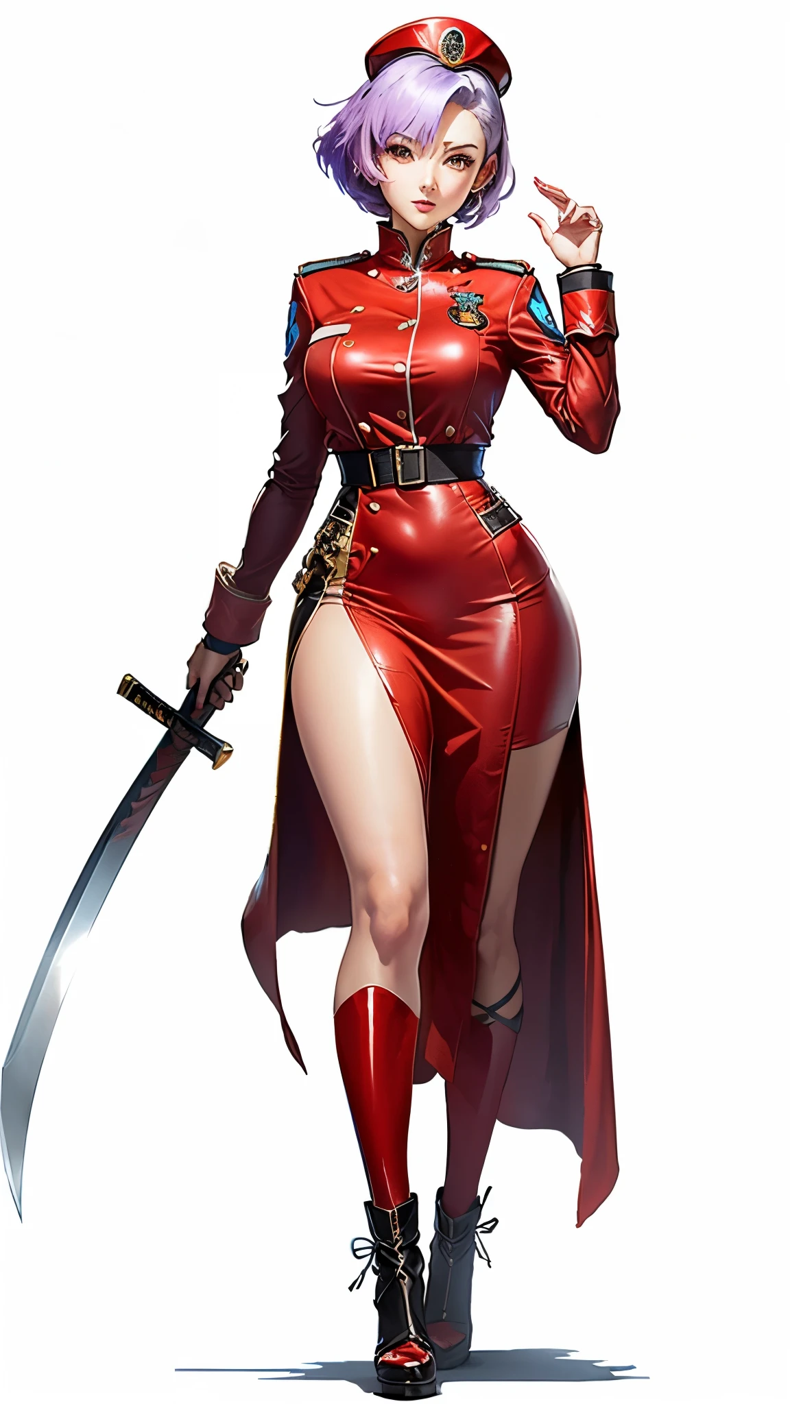 ((Plain background 1:2)) (Cammy White Street Fighter white silver short bob haircut) Female full body standing straight symmetrical looking to the viewer RED full body armored big breast knockers cleavage, leather collar choker, happy smile red cheeks, red gauntlets, red gloves, red military boots