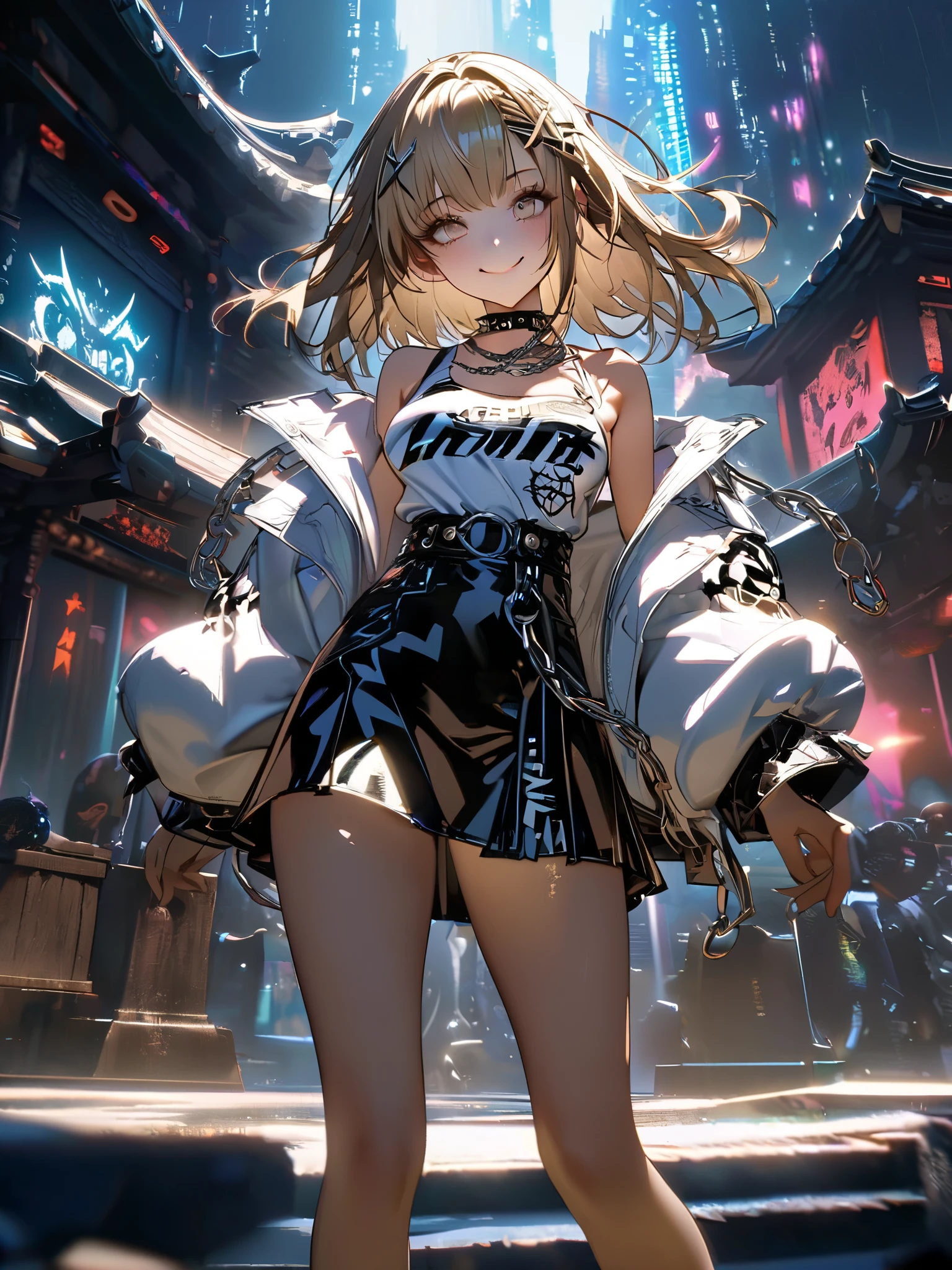 Anime girl in a short skirt and a t - shirt standing in a city - SeaArt AI