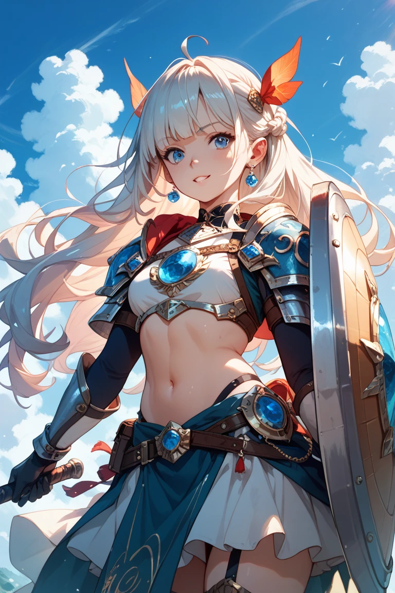 A female knight with a long sword and a large shield、17 years old、beautiful girl、Navel exposure