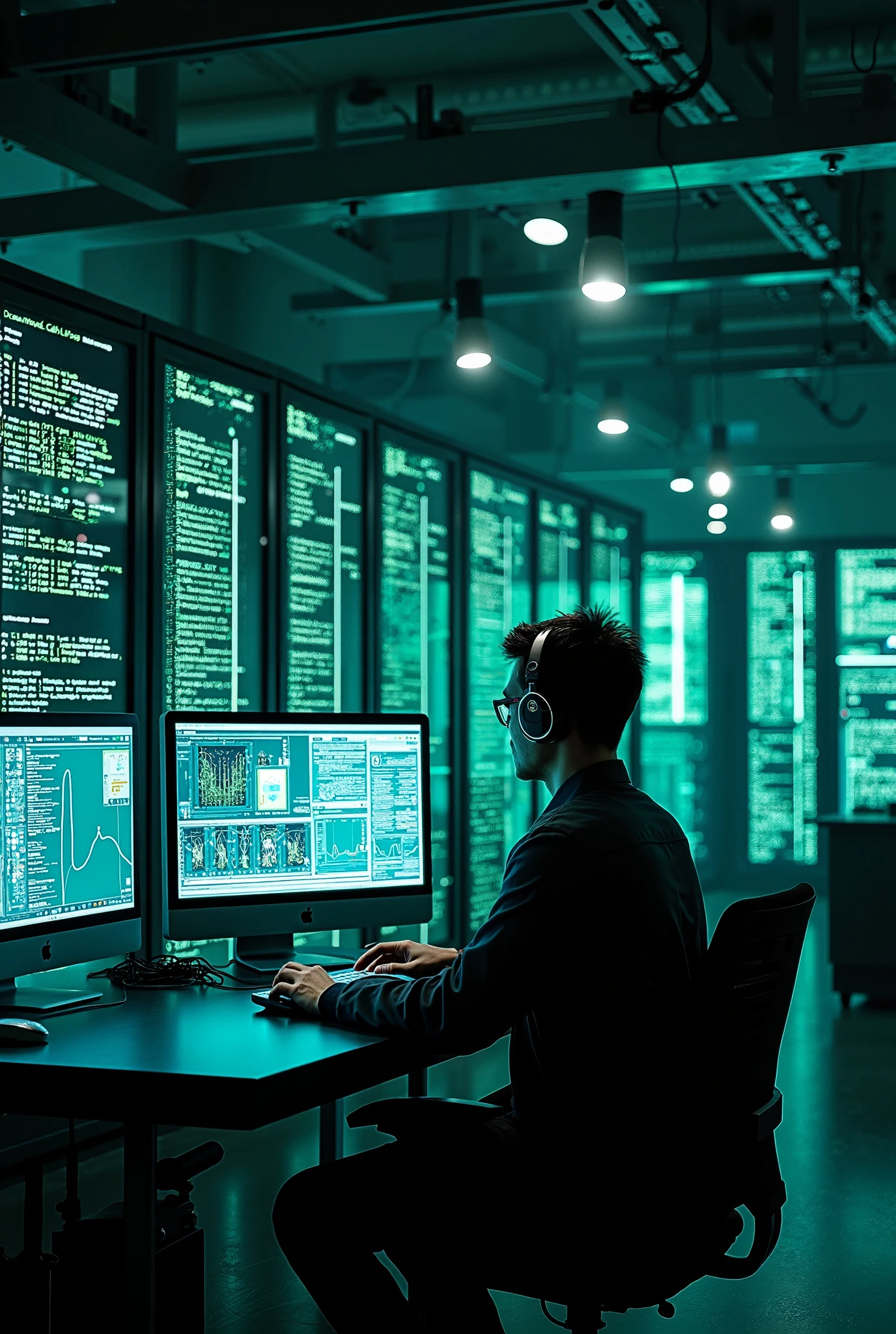 A high-tech supercomputer room, filled with massive server racks and glowing LED lights. In the center, a person sits at a futuristic workstation, surrounded by multiple holographic screens displaying complex lines of code and command prompts. The individual, wearing a headset, types rapidly on a sleek keyboard, executing high-level commands. The screens show a mix of green and blue digital text, graphs, and encrypted sequences, as if controlling a powerful AI or running an advanced simulation. The atmosphere is dimly lit, with the glow from the monitors casting a cyberpunk-style ambiance.