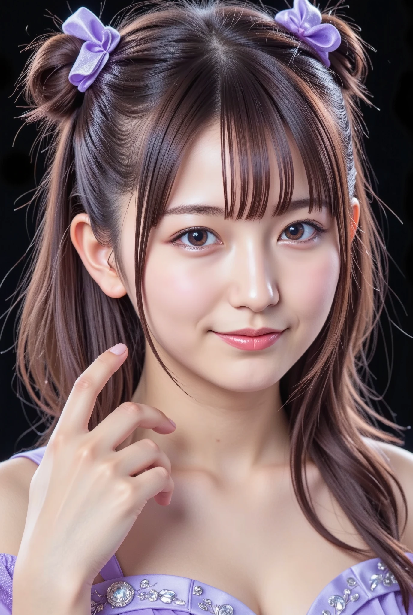 (a beautiful girl,,laugh),(magical light purple girl outfit,frilled mini skirt,white shirts,magical brooch,gloves,hair ornament, bare sholder,blunt bangs:1.2),(pink hair, short hair,ribbon,twin bun:1.2),((bouncing breasts and narrow waist and large buttocks):1.2) BREAK (ultra-detailed, ultra high resolution, detailed texture, finely detailed, High quality shadow, a realistic representation of the face, beautiful detailed), (high detailed skin, skin details), (beautiful realistic perfect hands and fingers:1.2), (detailed face, detailed eyes, beautiful face1.2), (RAW photo portrait:1.2), ((Best quality, 4k, Masterpiece, UHD)), (sharp focus, professional cinema lighting on face:1.2),enako,wet skin,oiled skin,shiny skin LATEX shiny