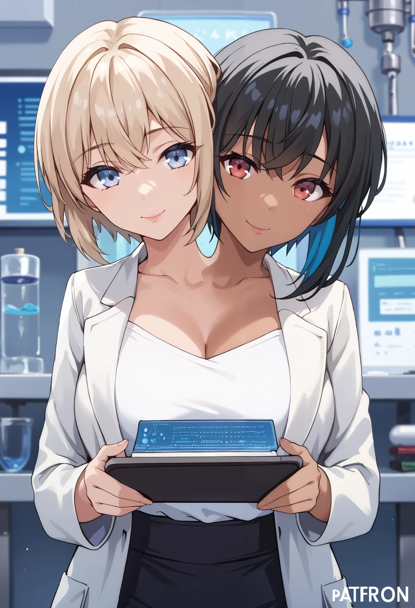 2heads, twoheads, a tall thin woman with 2 heads, blonde hair, black hair, blue eyes, red eyes, half dark skin and light beige skin, two tone skin, light beige skin, dark skin, half color skin, two color skin, short hair, lager breasts, white shirt, lab coat, black pencil skirt, laboratory, front shots, upper body,