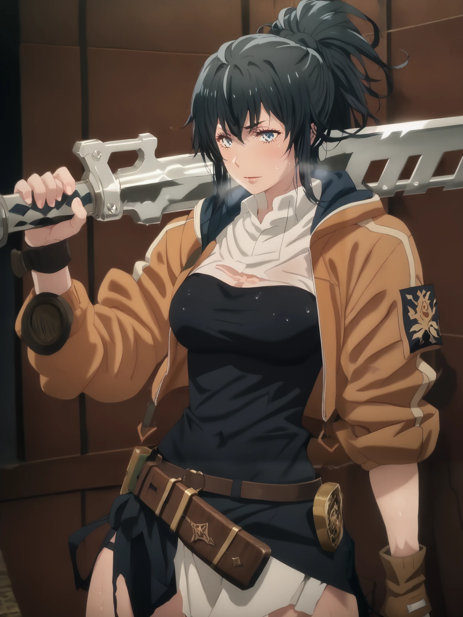 score_9, score_8_up, score_7_up, score_6_up, uncensored, Yukinoshita Yukino, black hair, long hair, blue eyes, naughty face, horny face, anime coloring, anime screencap, (voluptuous:1.3), (thick:1.3), BREAK UHD, retina, masterpiece, accurate, anatomically correct, textured skin, super detail, high details, high quality, award winning, best quality, highres, 4K, excessive sweating, sweating, sweating drop, (gasping, heavy breathing:1.3), (skindentation:1.2), perfect eyes, beautiful eyes, eyelashes, makeup, detailed body, perfect body, BREAK, 1girl, weapon, solo, holding, holding_weapon, navel, looking_at_viewer, breasts, weapon_over_shoulder, over_shoulder, jacket, midriff, belt, sword,