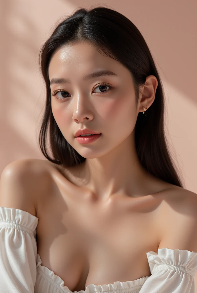 Fashion trendy beautiful and charming woman, gentle and charming Chinese beautiful woman, delicate and sexy collarbone, charming oval face, double eyelids, smart peach blossom eyes, pink lips, small nose, bare shoulders, focus on the face, close-up of the face, Ultra-high-definition, super-detailed, the white off-the-shoulder shirt perfectly echoes the light blue slit skirt, fresh and impressive