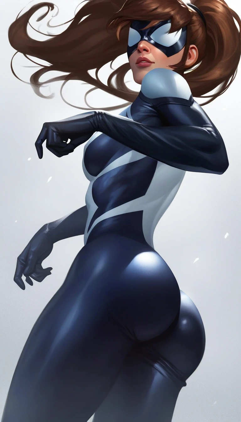 ((Highest quality、masterpiece、anime style、best quality、high resolution、8k、detailed、ultra-detailed:1.3))、Long legs、Sharp focus:1.2, Beautiful woman with perfect figure:1.4、(Smiling:1.2), double eyelid、30-year-old female、Sexy pose、((((Close your mouth、One Woman、All-black catsuit:1.5)))),The background is a different world、movement,Dynamism、Fighting Pose、Orange Hair、Curly Hair、Mine Fujiko、Big Breasts